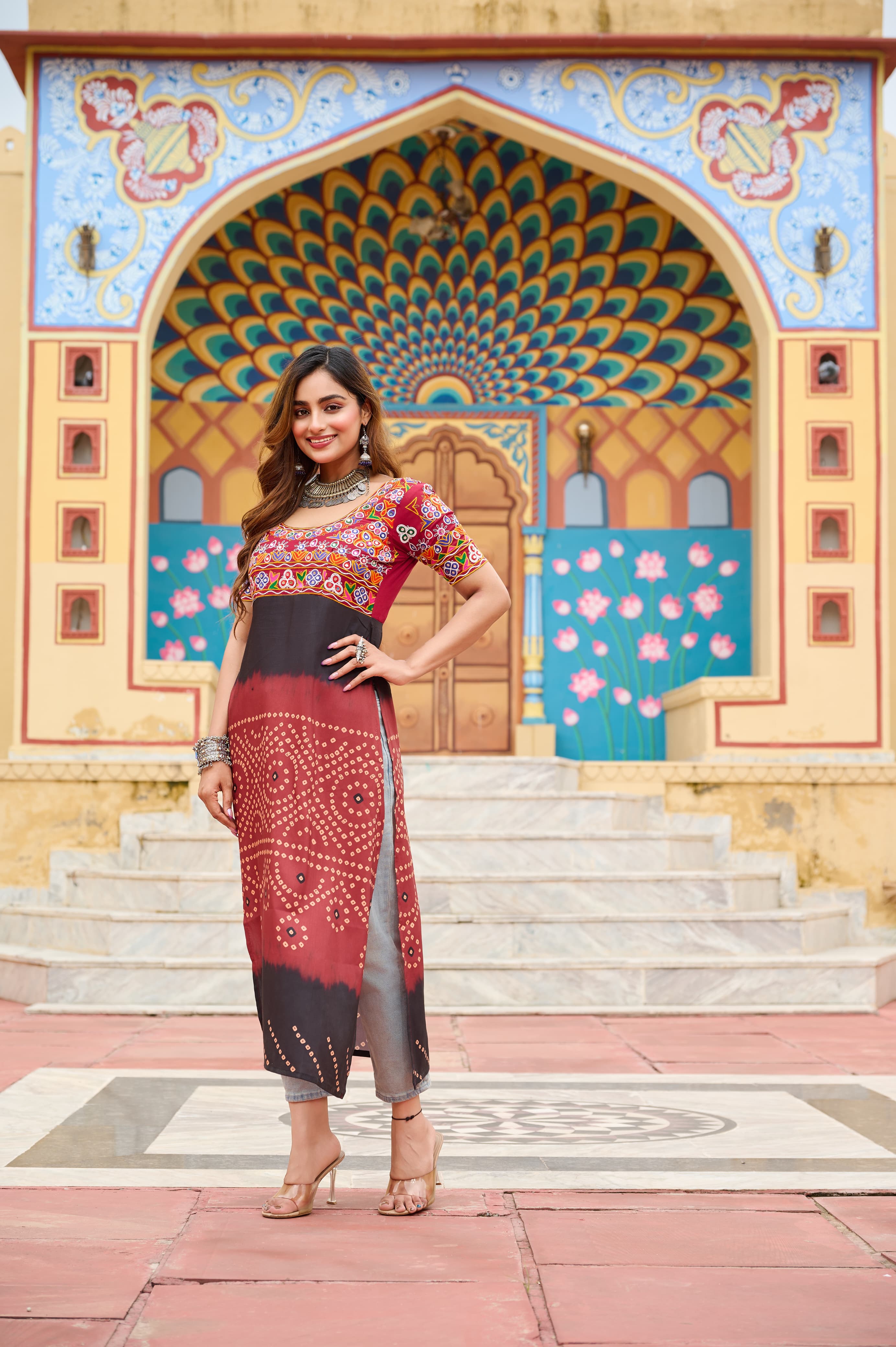 Prazu Fashion Maroon Rayon Printed With Kutchi Gamthi Work Navaratri Kurti | Grocsy