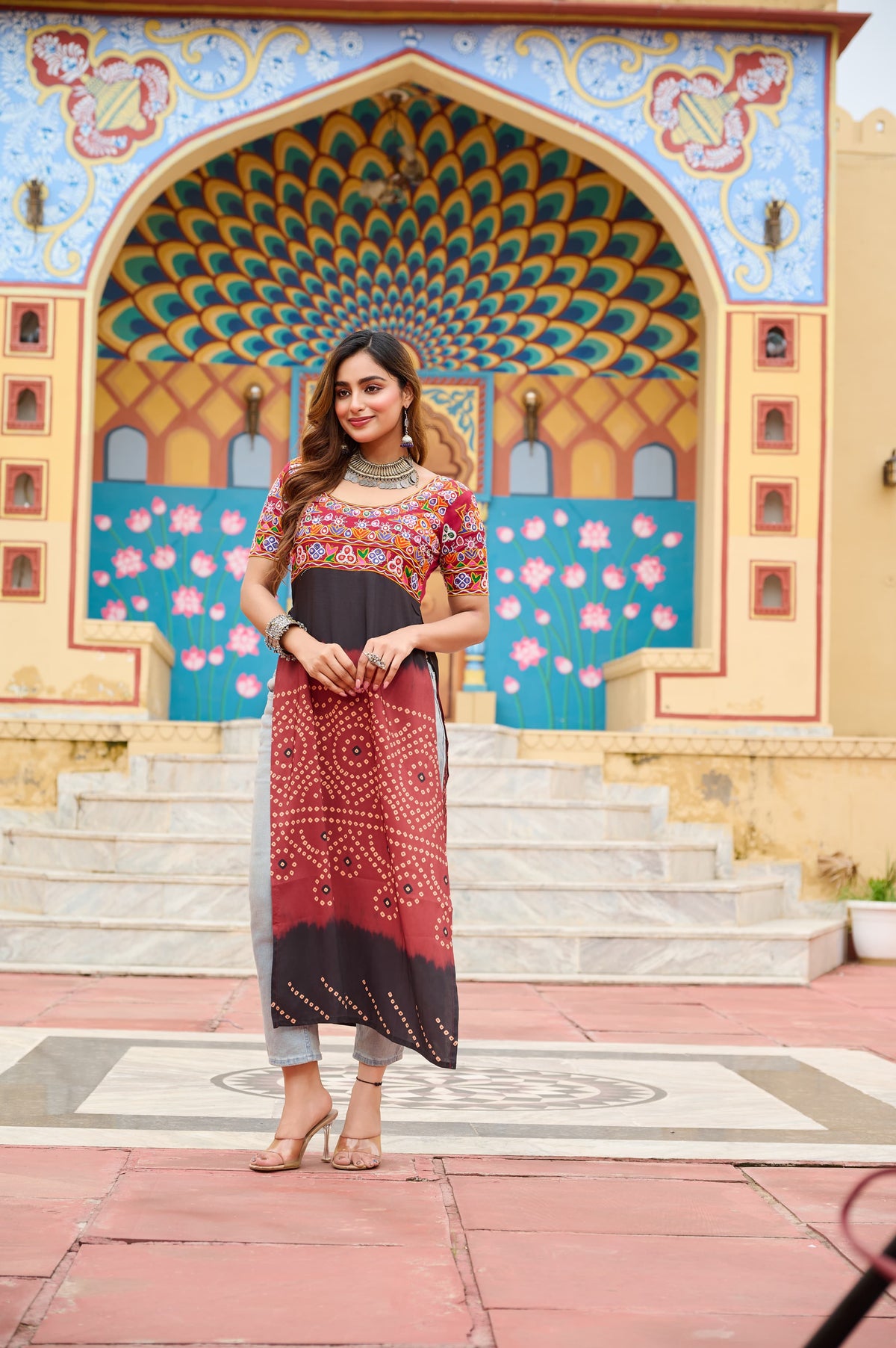 Prazu Fashion Maroon Rayon Printed With Kutchi Gamthi Work Navaratri Kurti | Grocsy