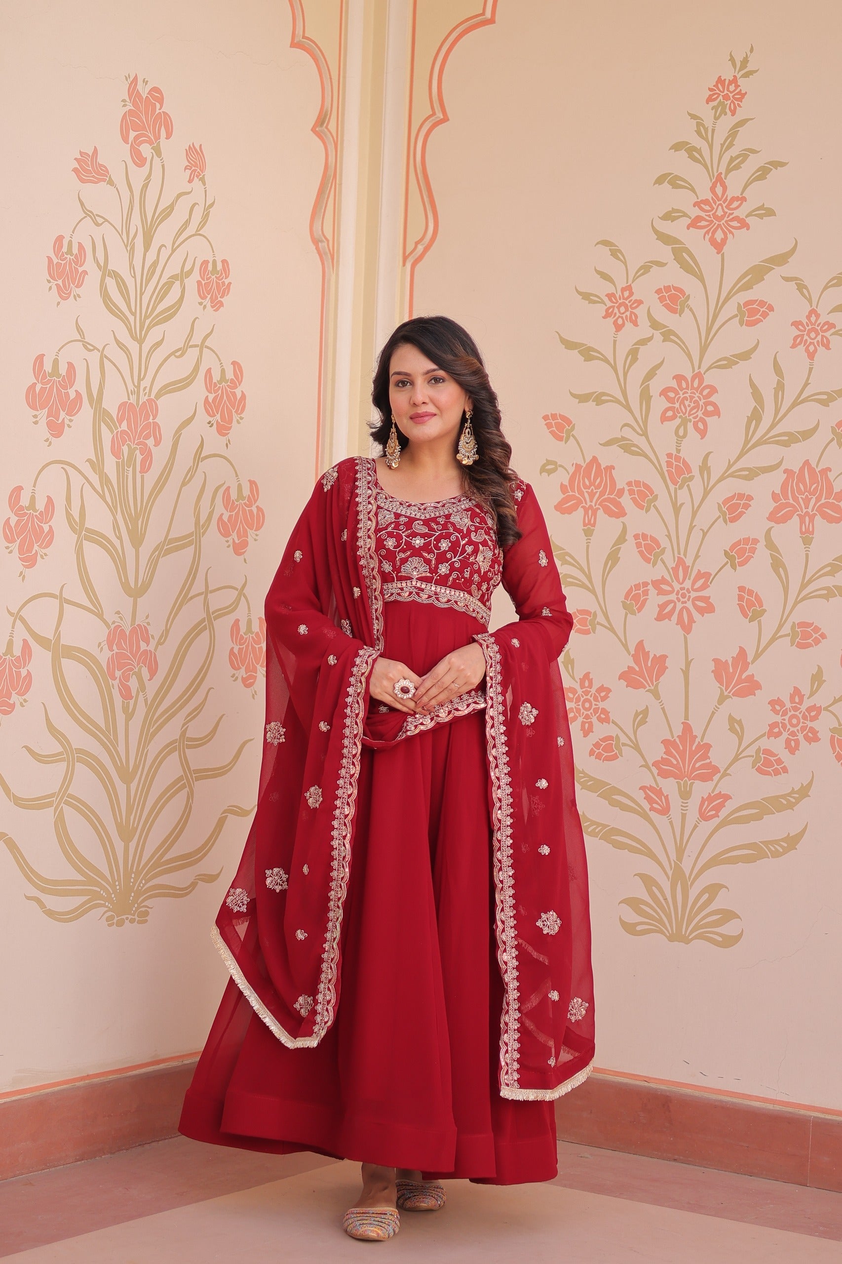 Prazu Fashion Red Georgette With Beads Embroidery-Work Gown | Grocsy