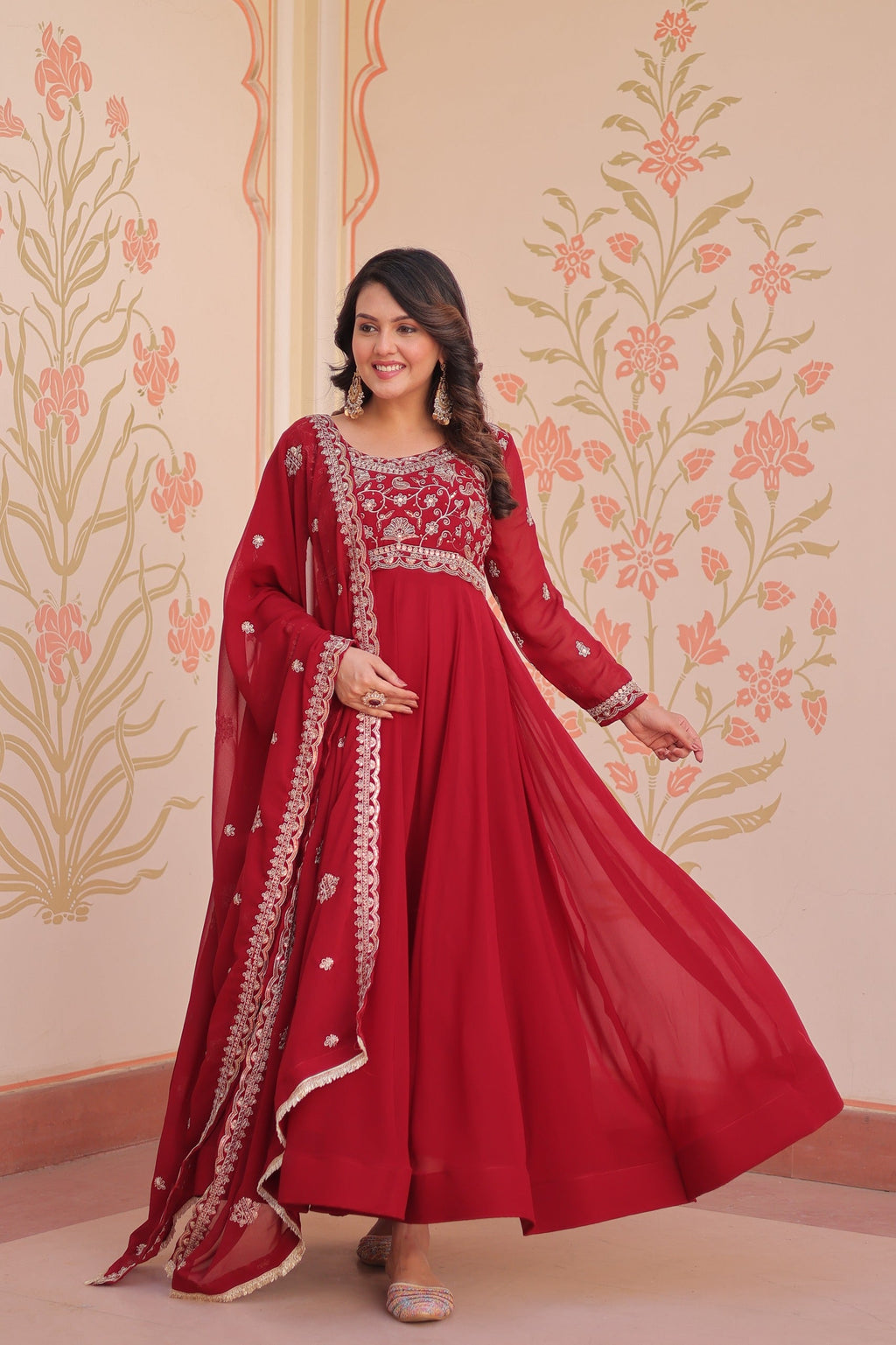 Prazu Fashion Red Georgette With Beads Embroidery-Work Gown | Grocsy