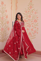 Prazu Fashion Red Georgette With Beads Embroidery-Work Gown | Grocsy