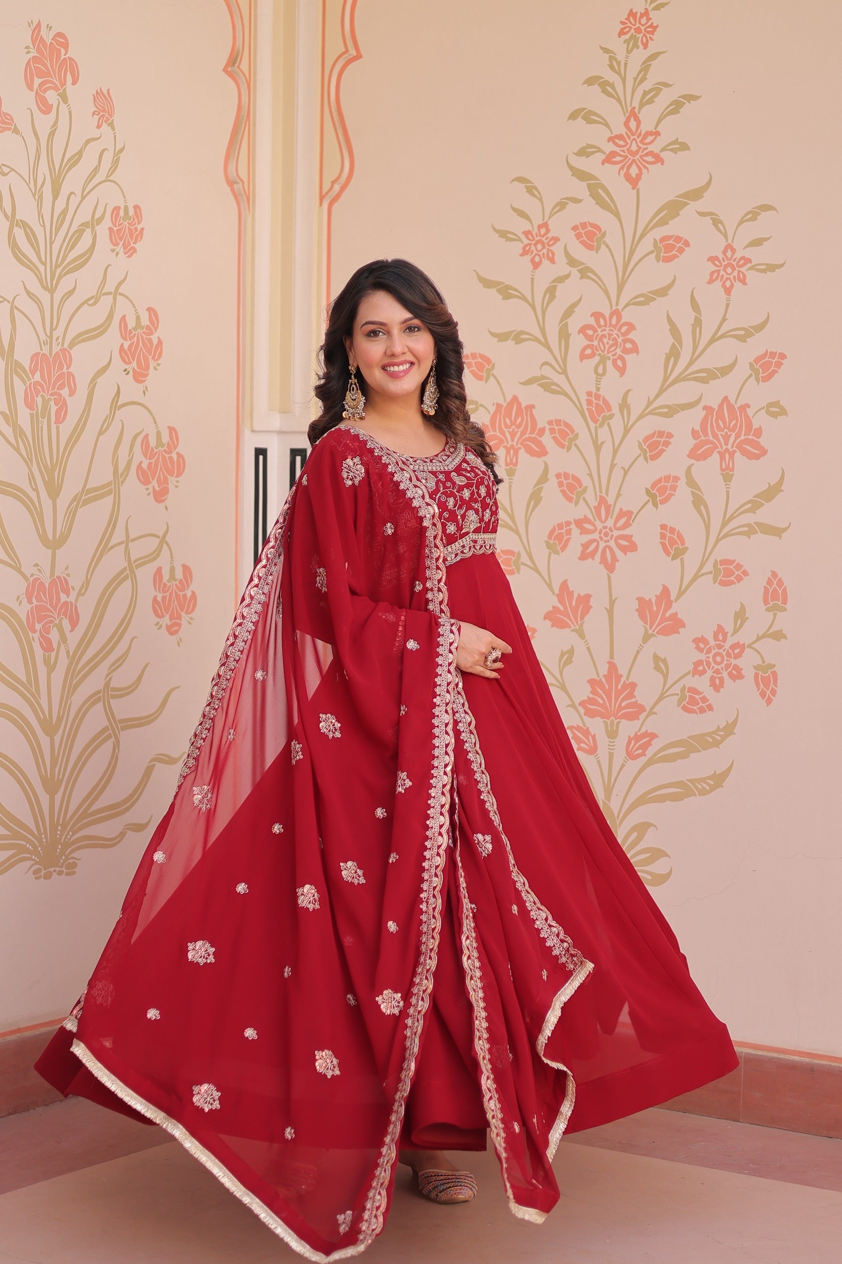 Prazu Fashion Red Georgette With Beads Embroidery-Work Gown | Grocsy