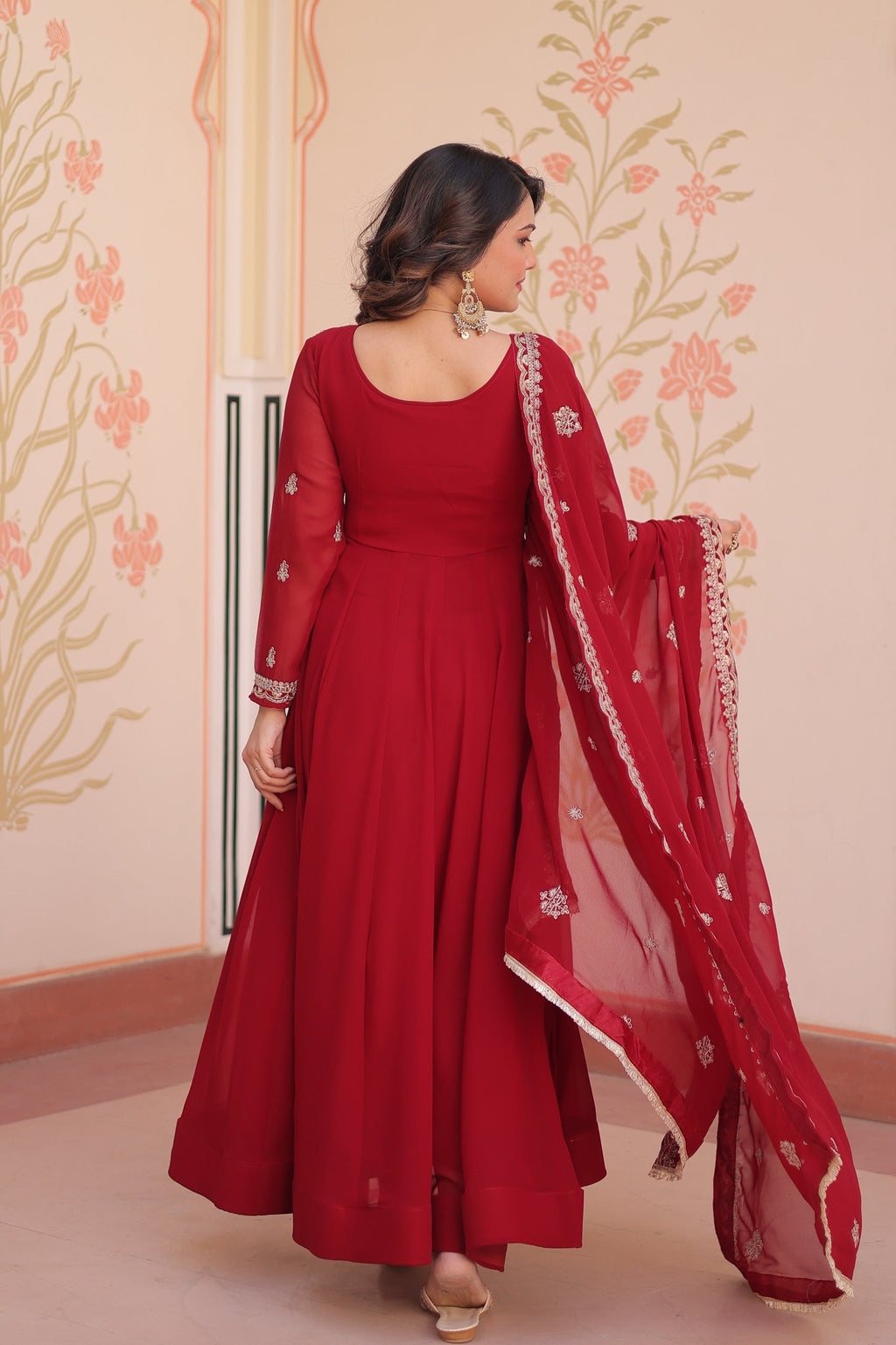Prazu Fashion Red Georgette With Beads Embroidery-Work Gown | Grocsy