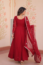 Prazu Fashion Red Georgette With Beads Embroidery-Work Gown | Grocsy