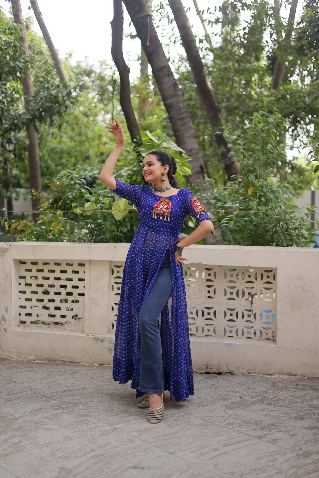 Prazu Fashion Blue Georgette Bandhani Print With Kutchi Patch work Navaratri Kurti | Grocsy