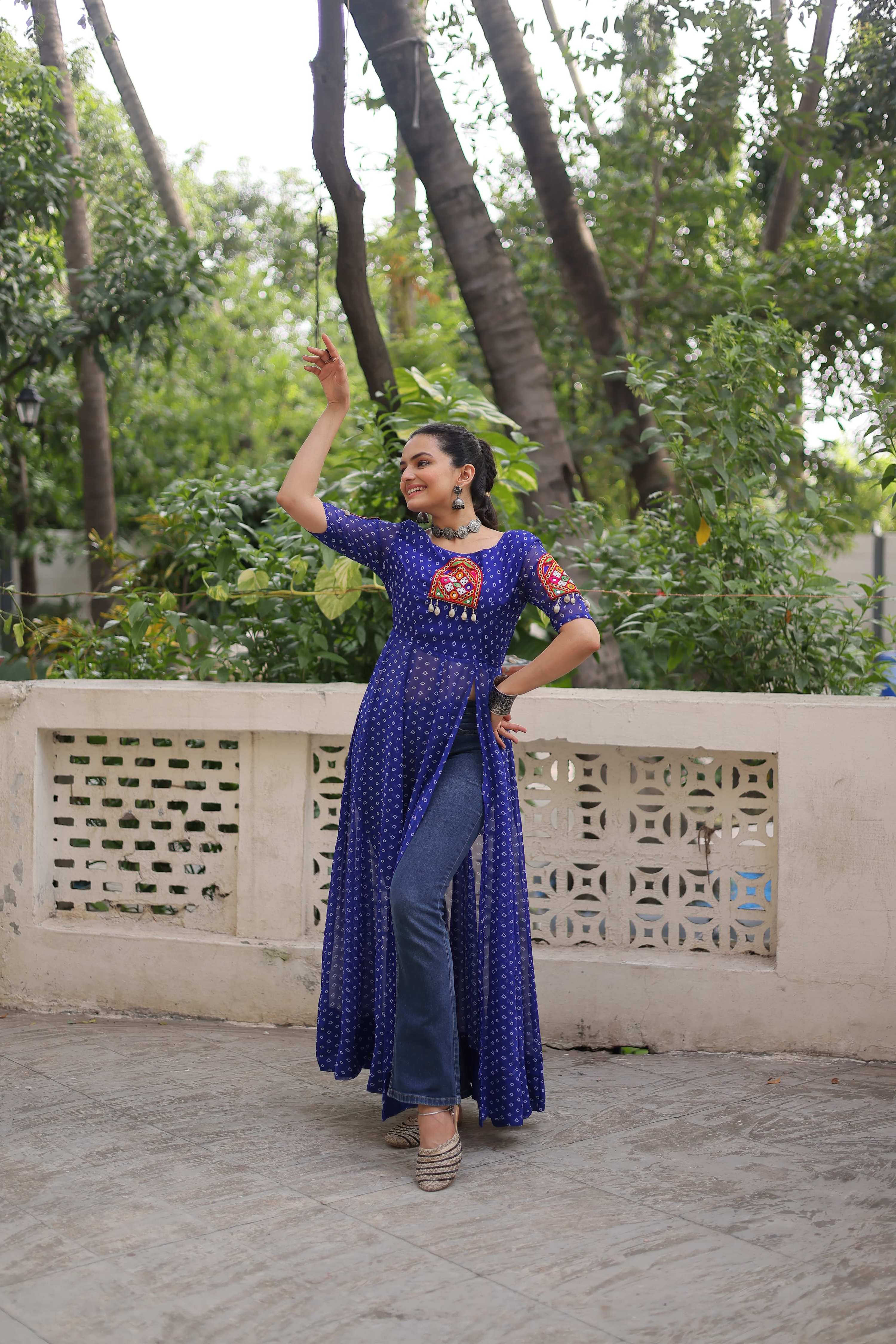 Prazu Fashion Blue Georgette Bandhani Print With Kutchi Patch work Navaratri Kurti | Grocsy