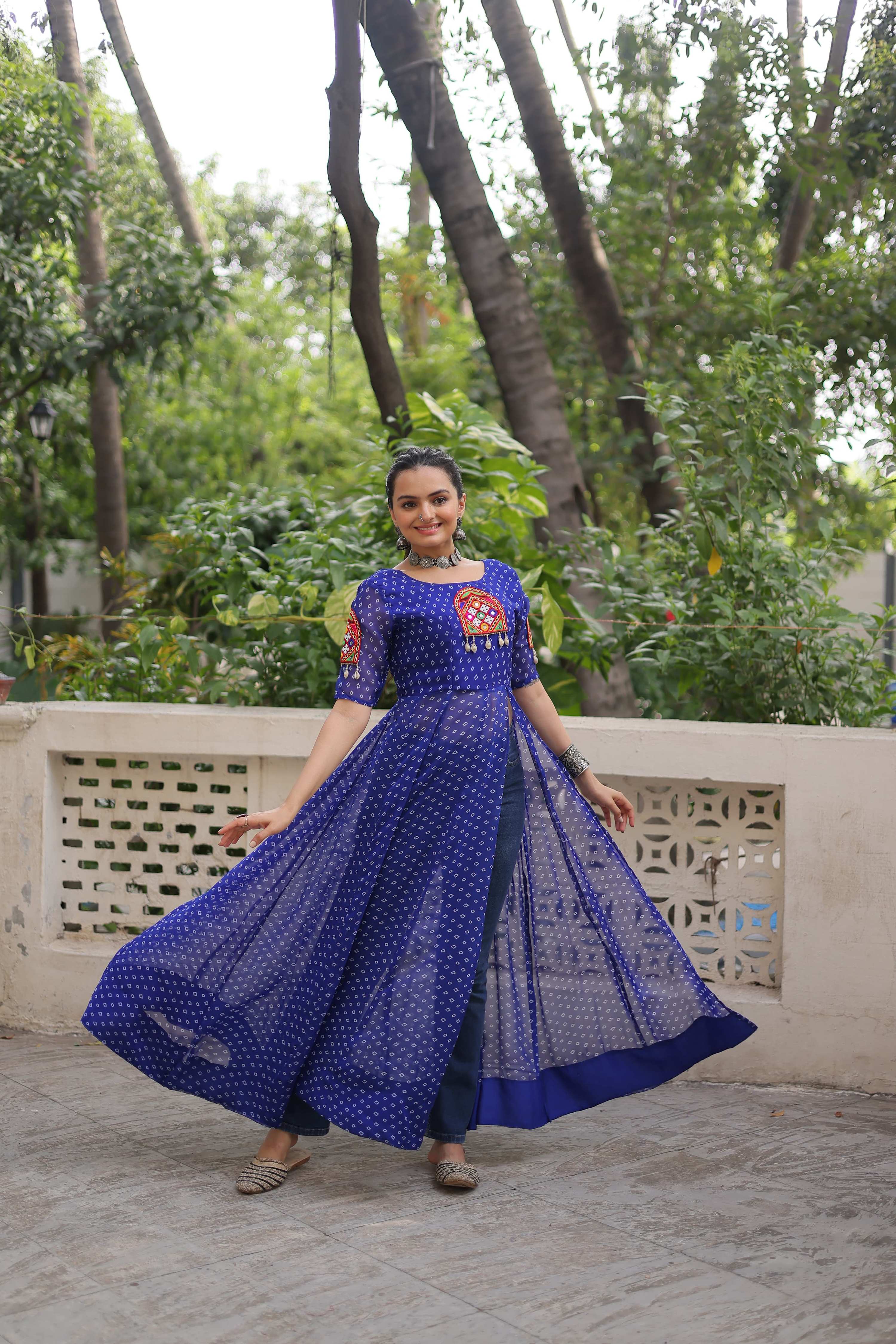Prazu Fashion Blue Georgette Bandhani Print With Kutchi Patch work Navaratri Kurti | Grocsy