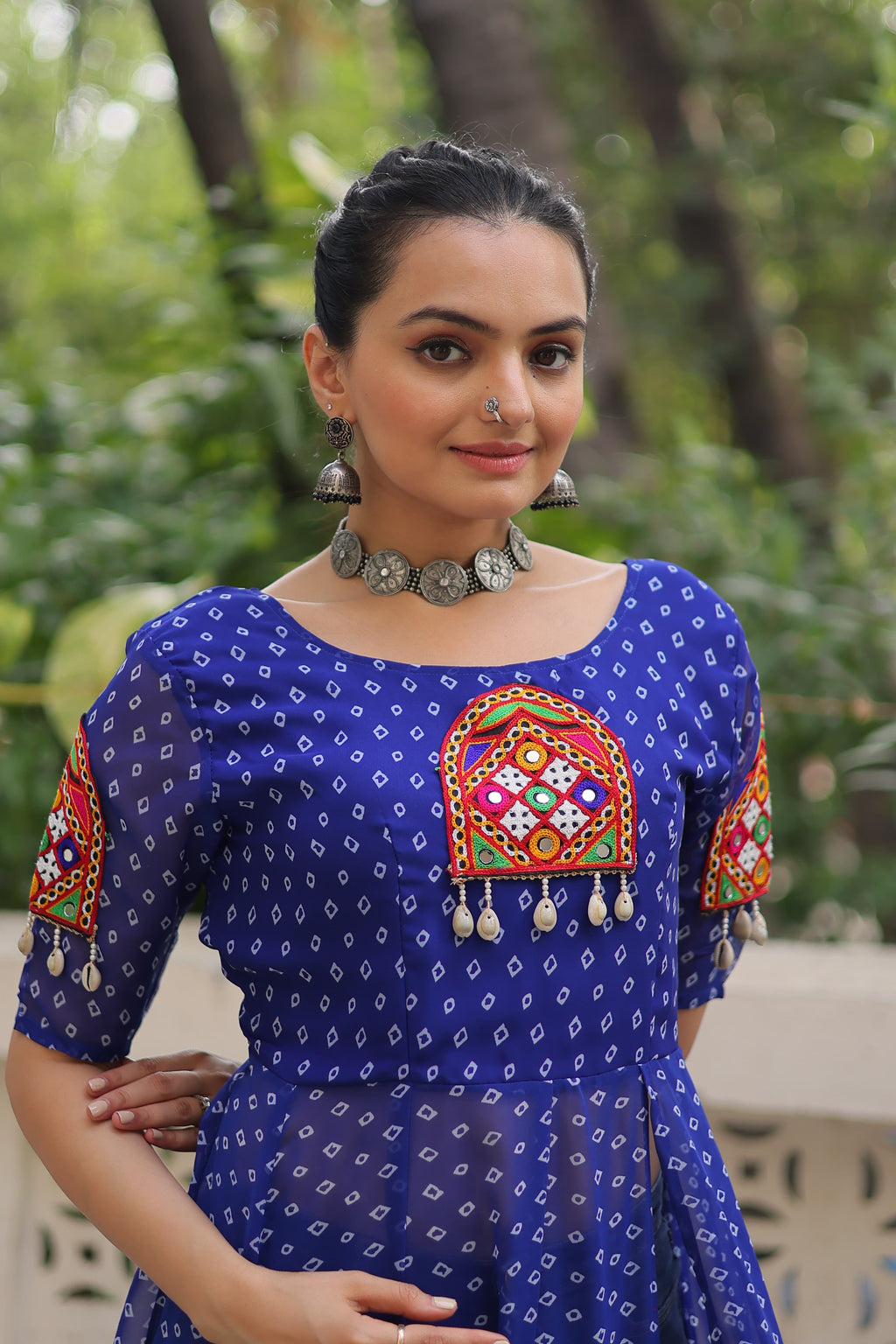 Prazu Fashion Blue Georgette Bandhani Print With Kutchi Patch work Navaratri Kurti | Grocsy