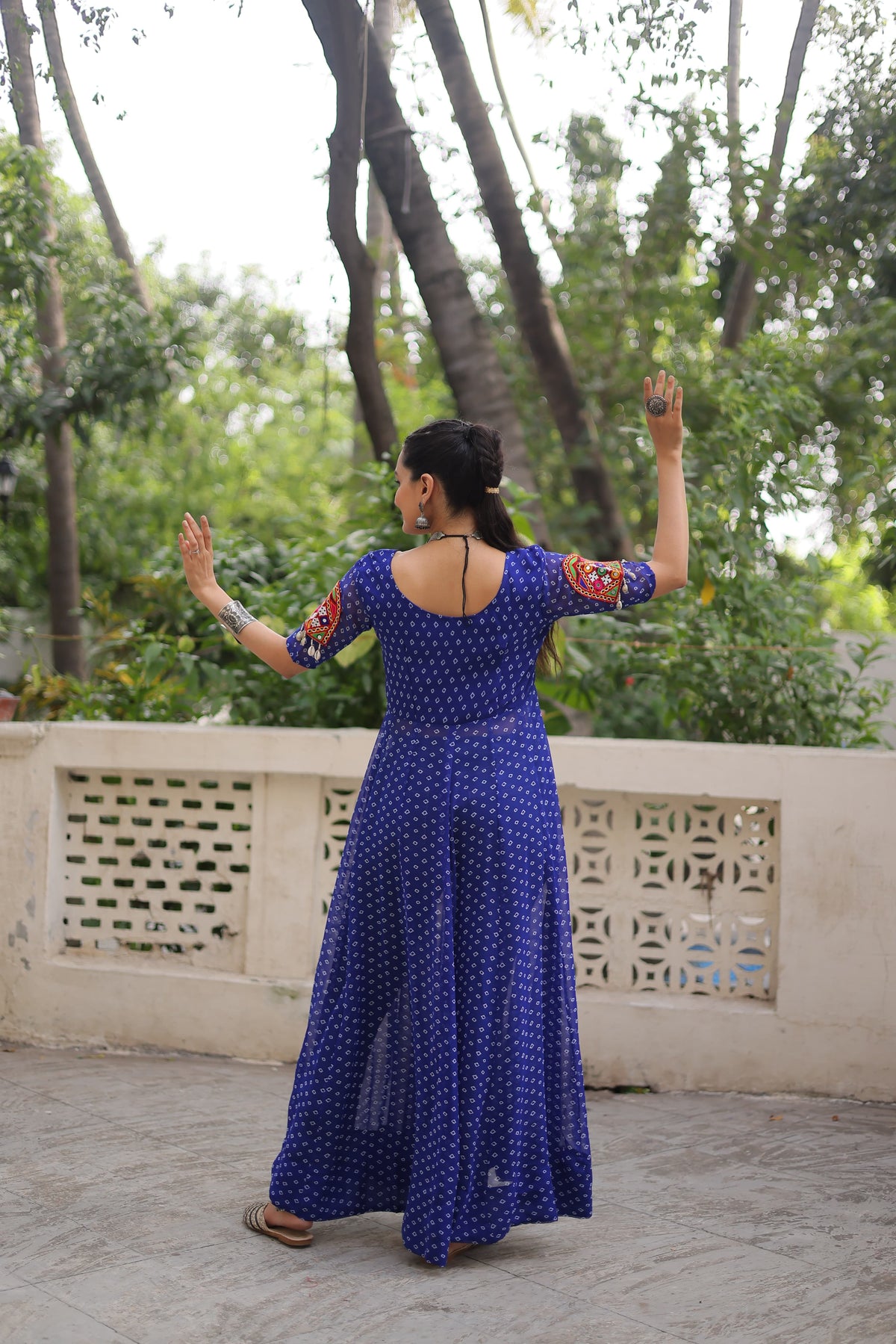 Prazu Fashion Blue Georgette Bandhani Print With Kutchi Patch work Navaratri Kurti | Grocsy