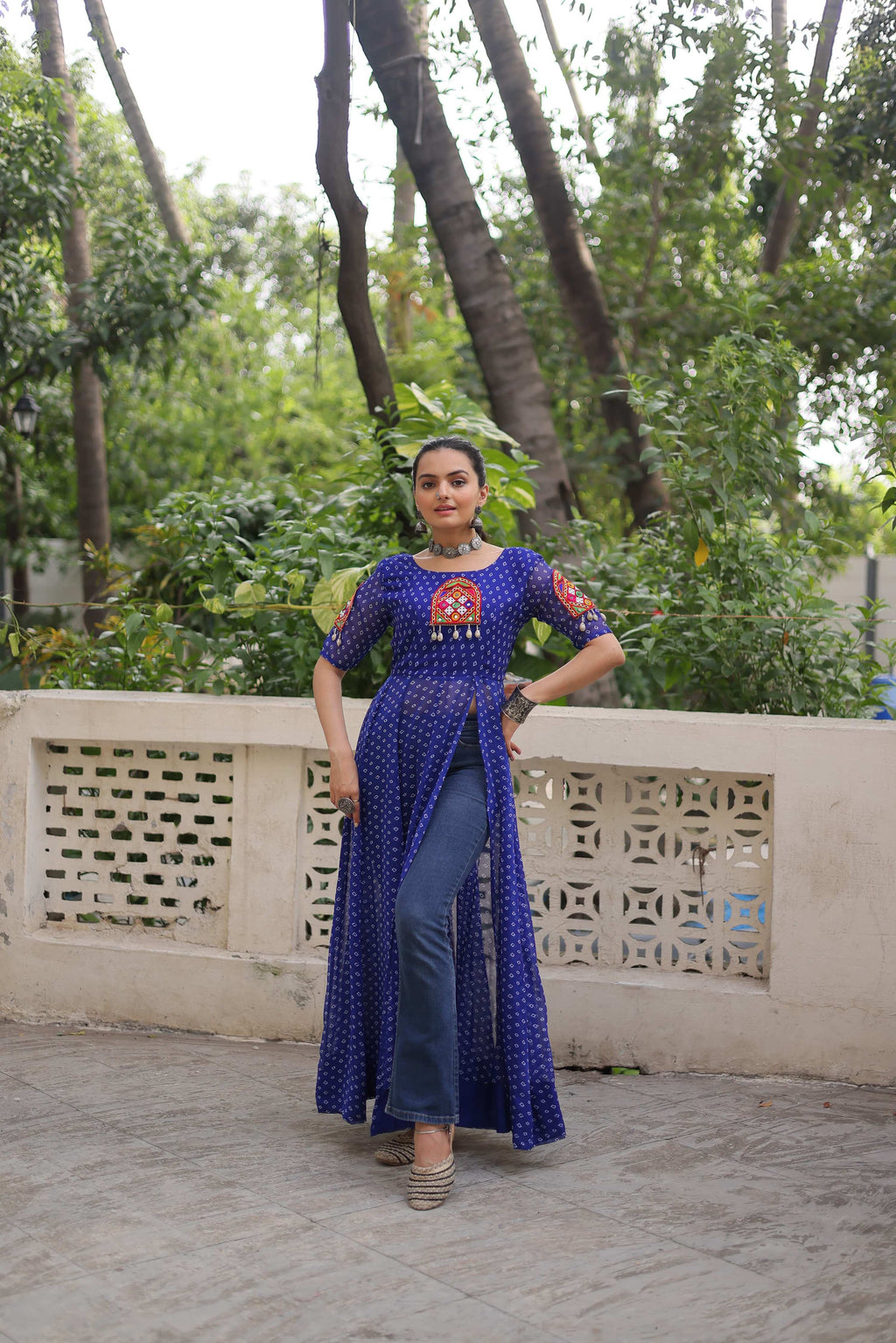 Prazu Fashion Blue Georgette Bandhani Print With Kutchi Patch work Navaratri Kurti | Grocsy