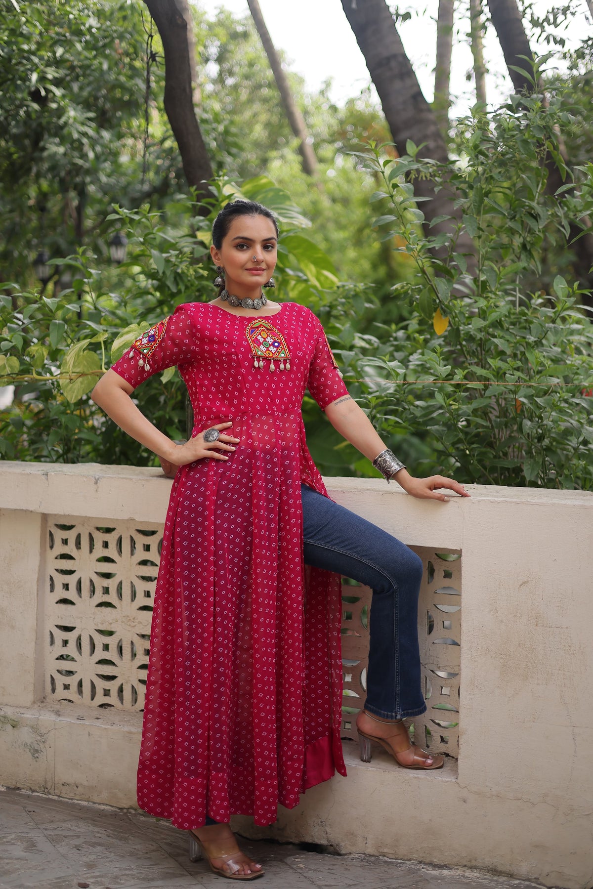 Prazu Fashion Pink Georgette Bandhani Print With Kutchi Patch work Navaratri Kurti | Grocsy