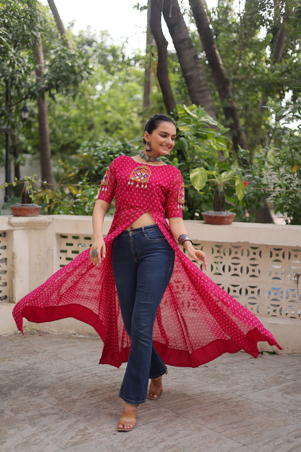 Prazu Fashion Pink Georgette Bandhani Print With Kutchi Patch work Navaratri Kurti | Grocsy