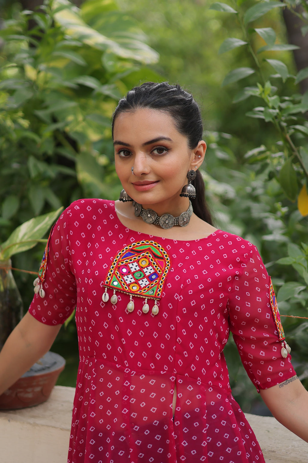 Prazu Fashion Pink Georgette Bandhani Print With Kutchi Patch work Navaratri Kurti | Grocsy