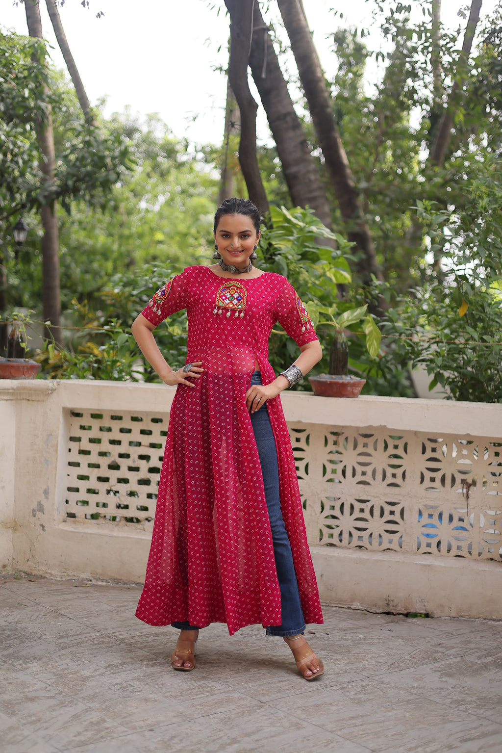 Prazu Fashion Pink Georgette Bandhani Print With Kutchi Patch work Navaratri Kurti | Grocsy