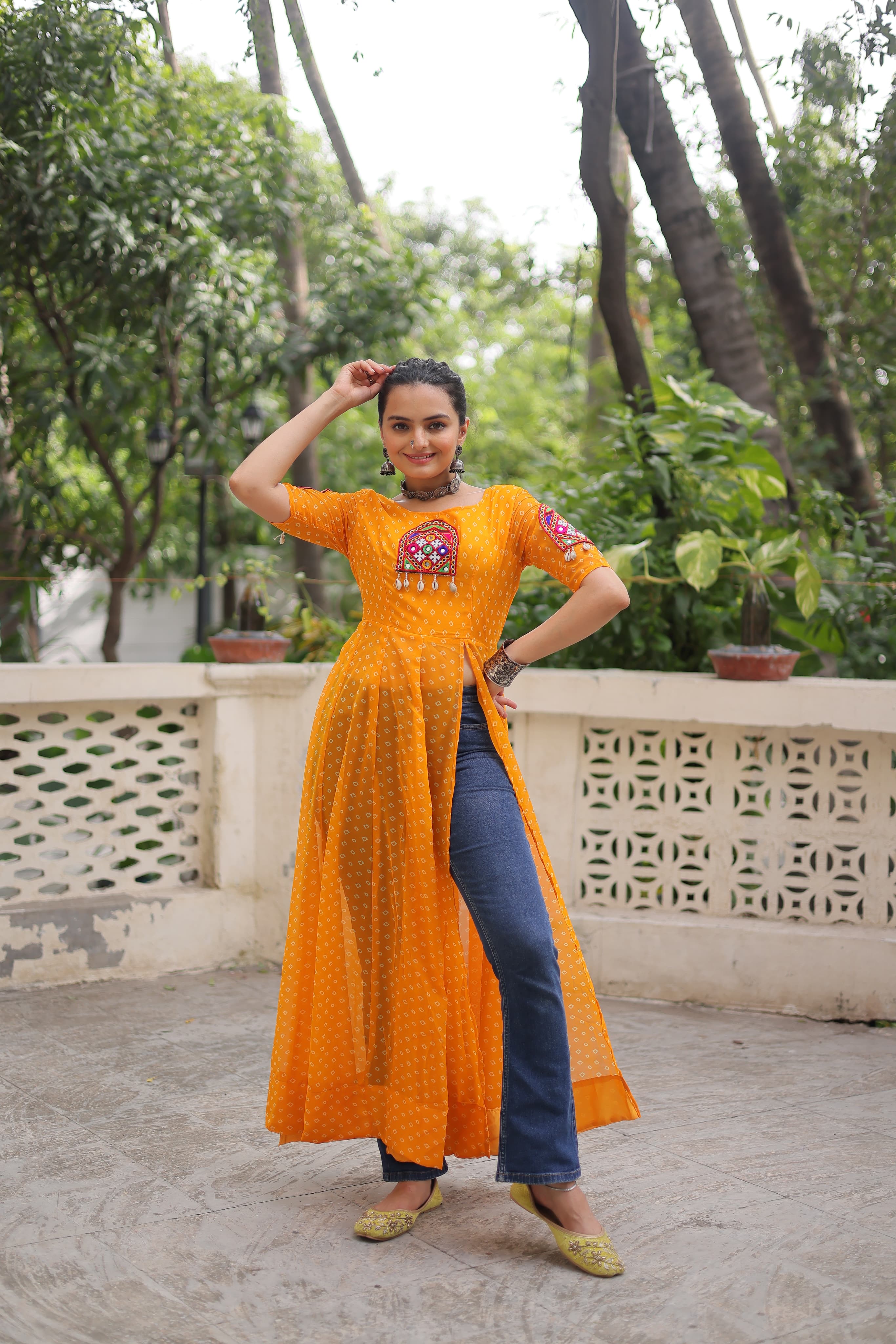 Prazu Fashion Yellow Georgette Bandhani Print With Kutchi Patch Work Navaratri Kurti | Grocsy