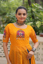 Prazu Fashion Yellow Georgette Bandhani Print With Kutchi Patch Work Navaratri Kurti | Grocsy