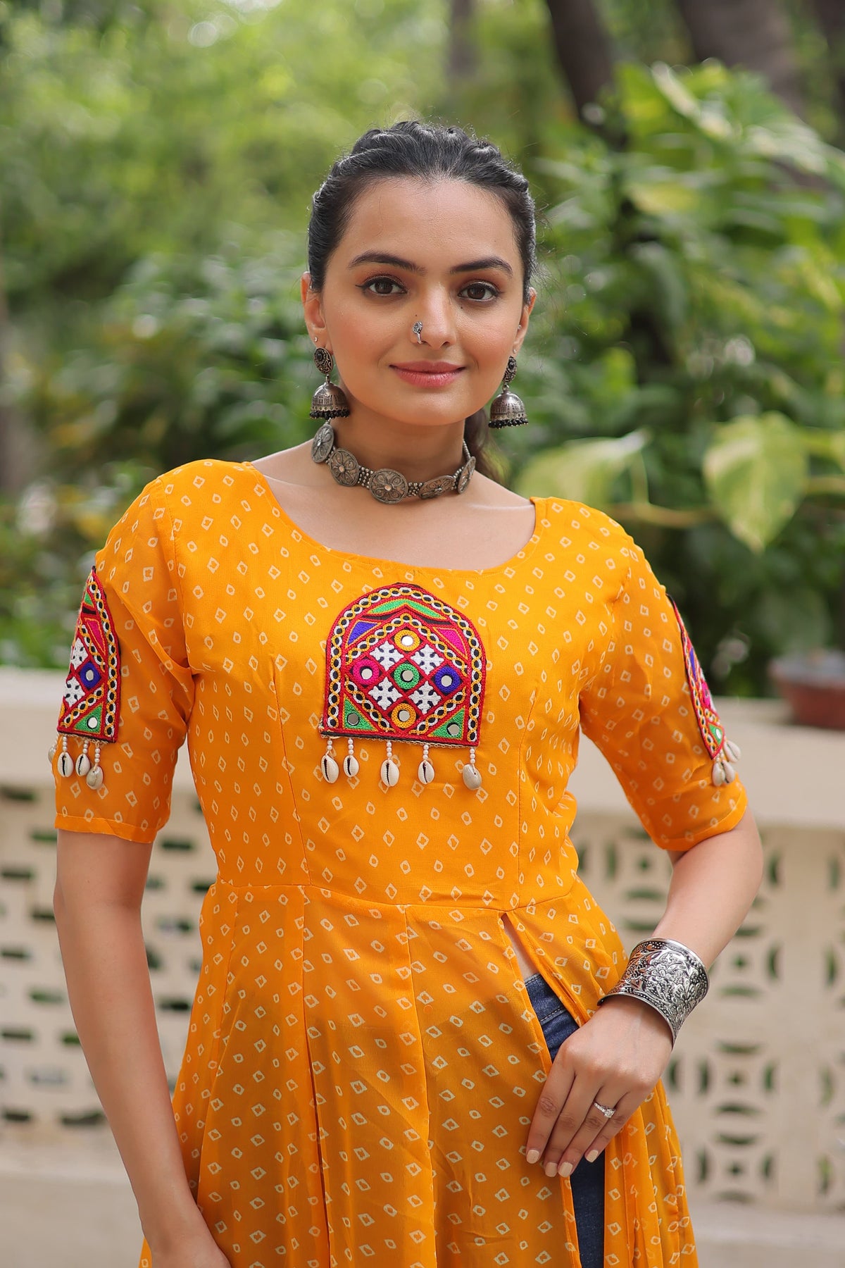 Prazu Fashion Yellow Georgette Bandhani Print With Kutchi Patch Work Navaratri Kurti | Grocsy