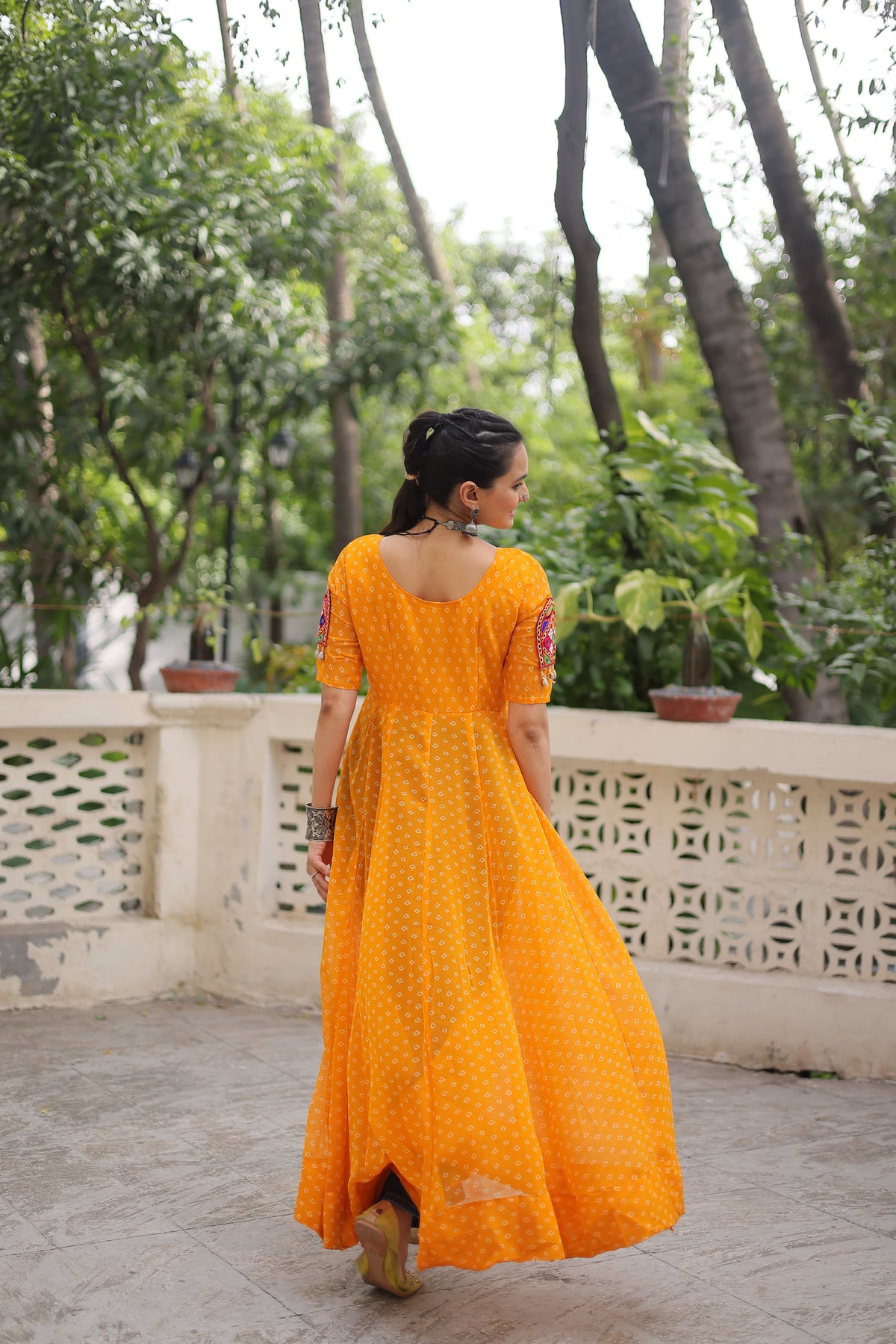 Prazu Fashion Yellow Georgette Bandhani Print With Kutchi Patch Work Navaratri Kurti | Grocsy