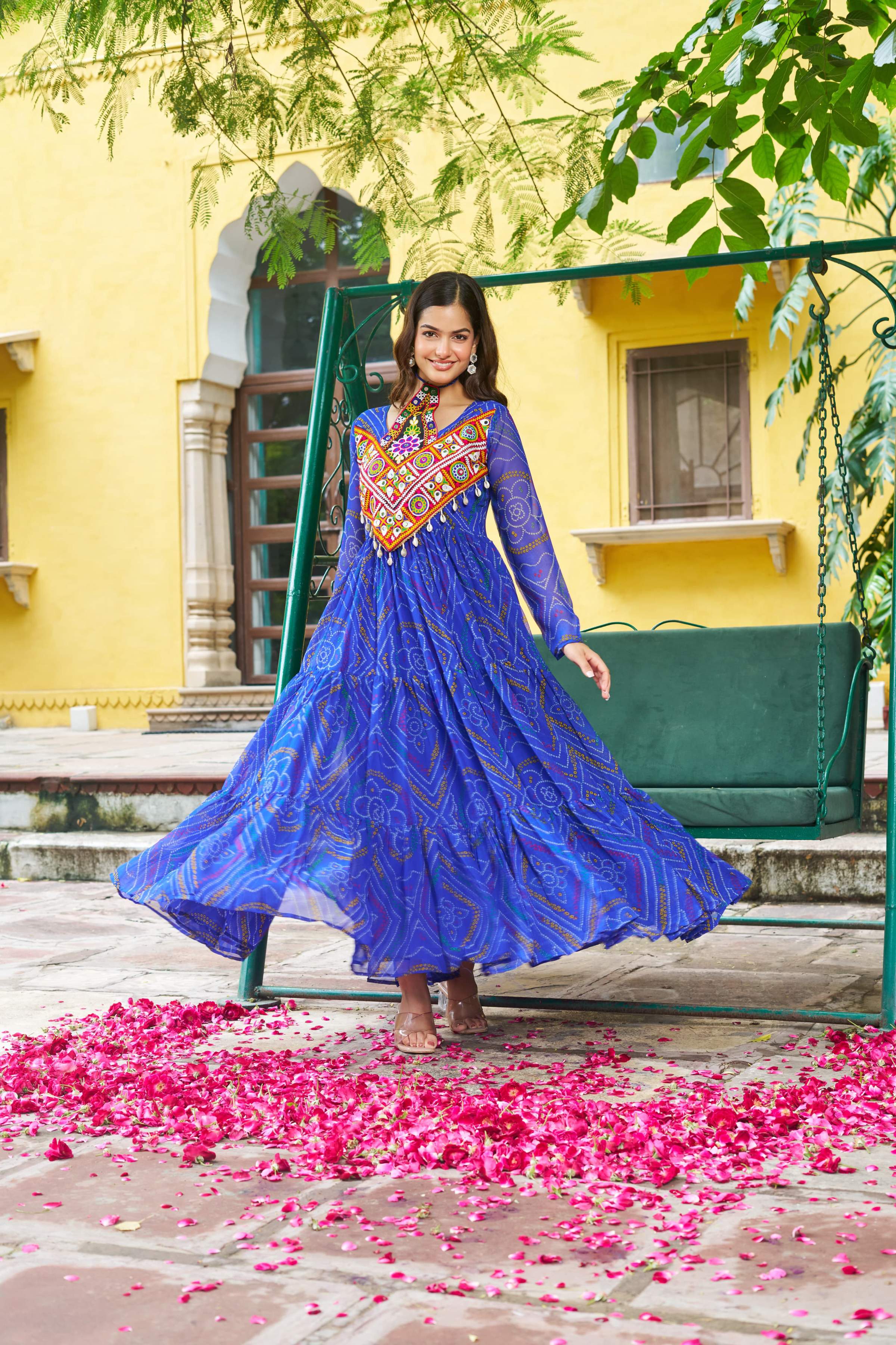 Prazu Fashion Blue Georgette Bandhani Print With Kutchi Patch work Navaratri Kurti | Grocsy