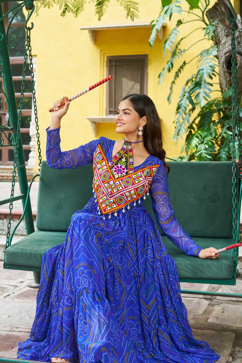 Prazu Fashion Blue Georgette Bandhani Print With Kutchi Patch work Navaratri Kurti | Grocsy