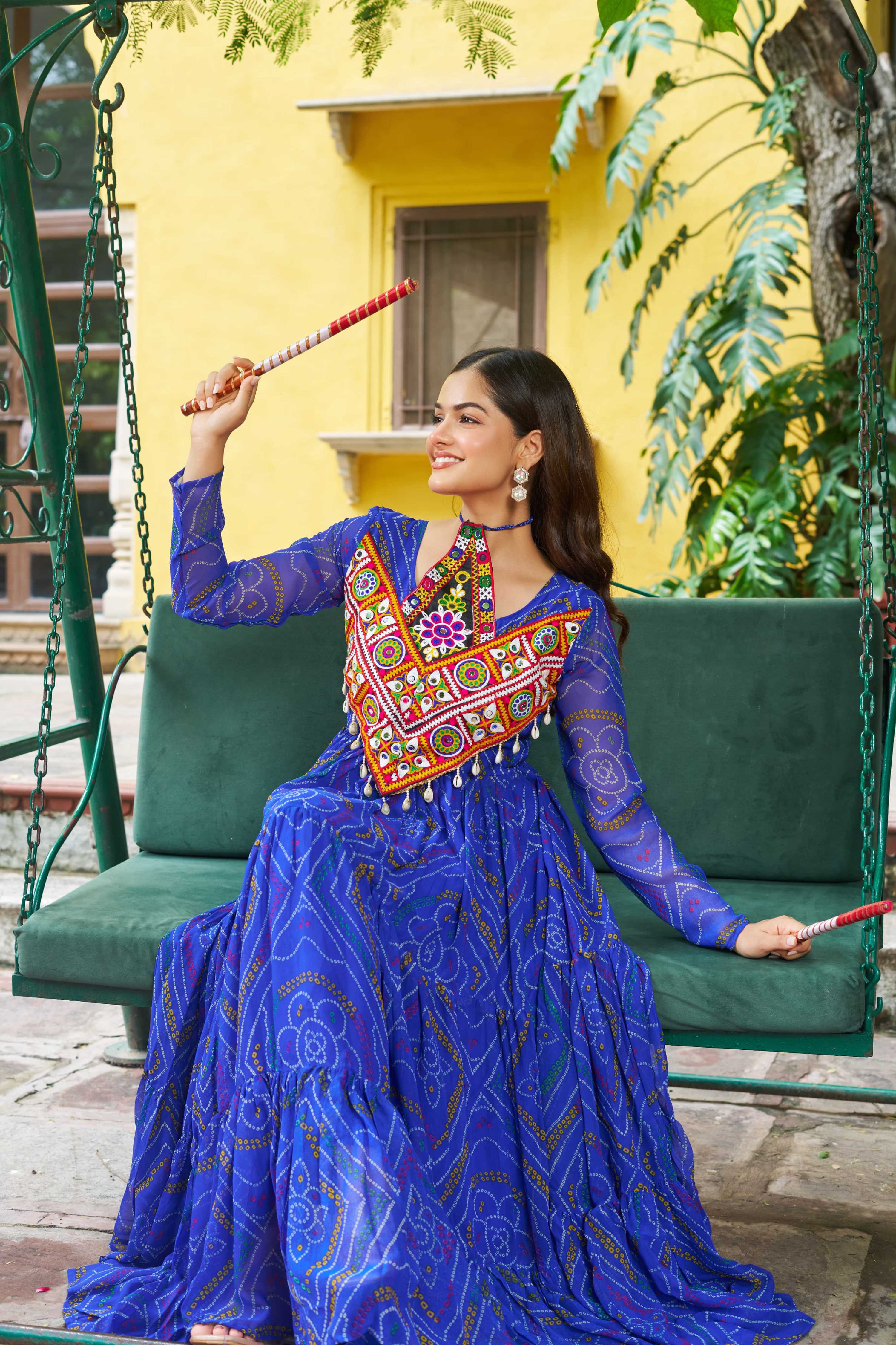 Prazu Fashion Blue Georgette Bandhani Print With Kutchi Patch work Navaratri Kurti | Grocsy