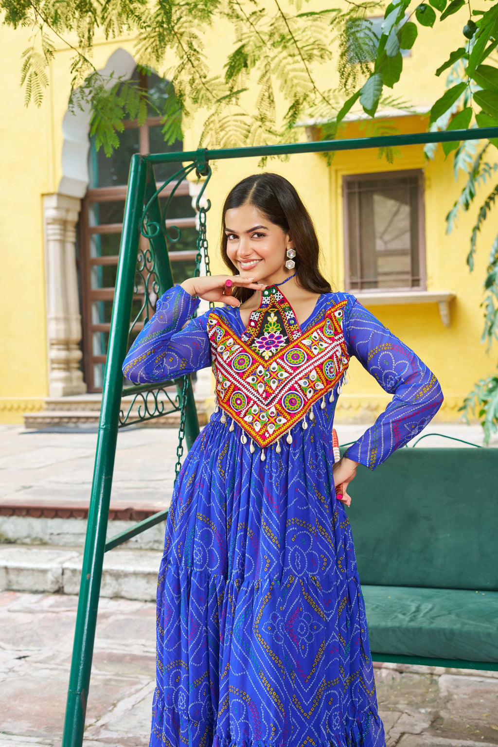 Prazu Fashion Blue Georgette Bandhani Print With Kutchi Patch work Navaratri Kurti | Grocsy