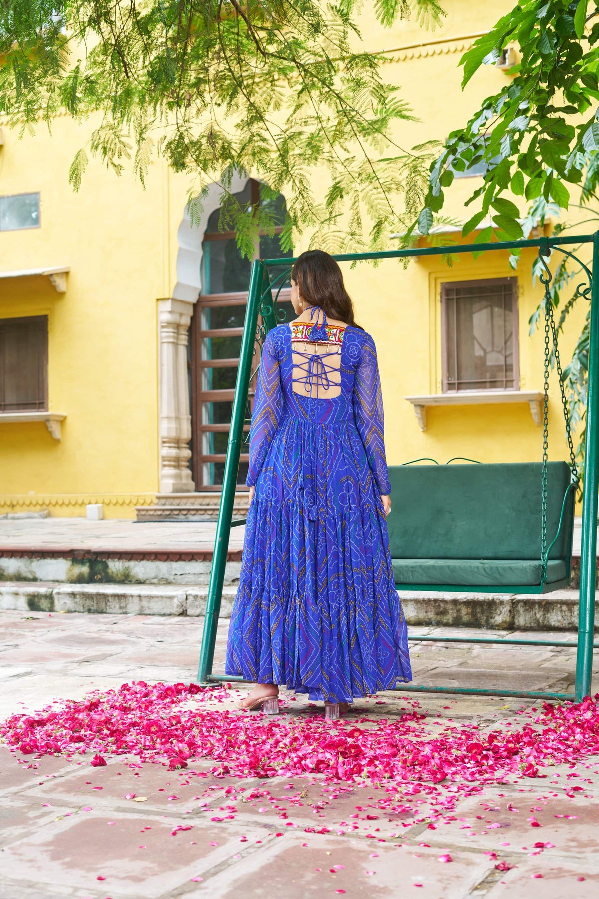 Prazu Fashion Blue Georgette Bandhani Print With Kutchi Patch work Navaratri Kurti | Grocsy