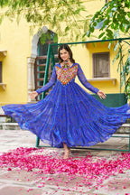 Prazu Fashion Blue Georgette Bandhani Print With Kutchi Patch work Navaratri Kurti | Grocsy