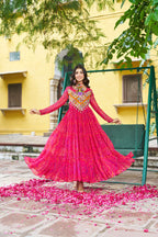 Prazu Fashion Pink Georgette Bandhani Print With Kutchi Patch work Navaratri Kurti | Grocsy