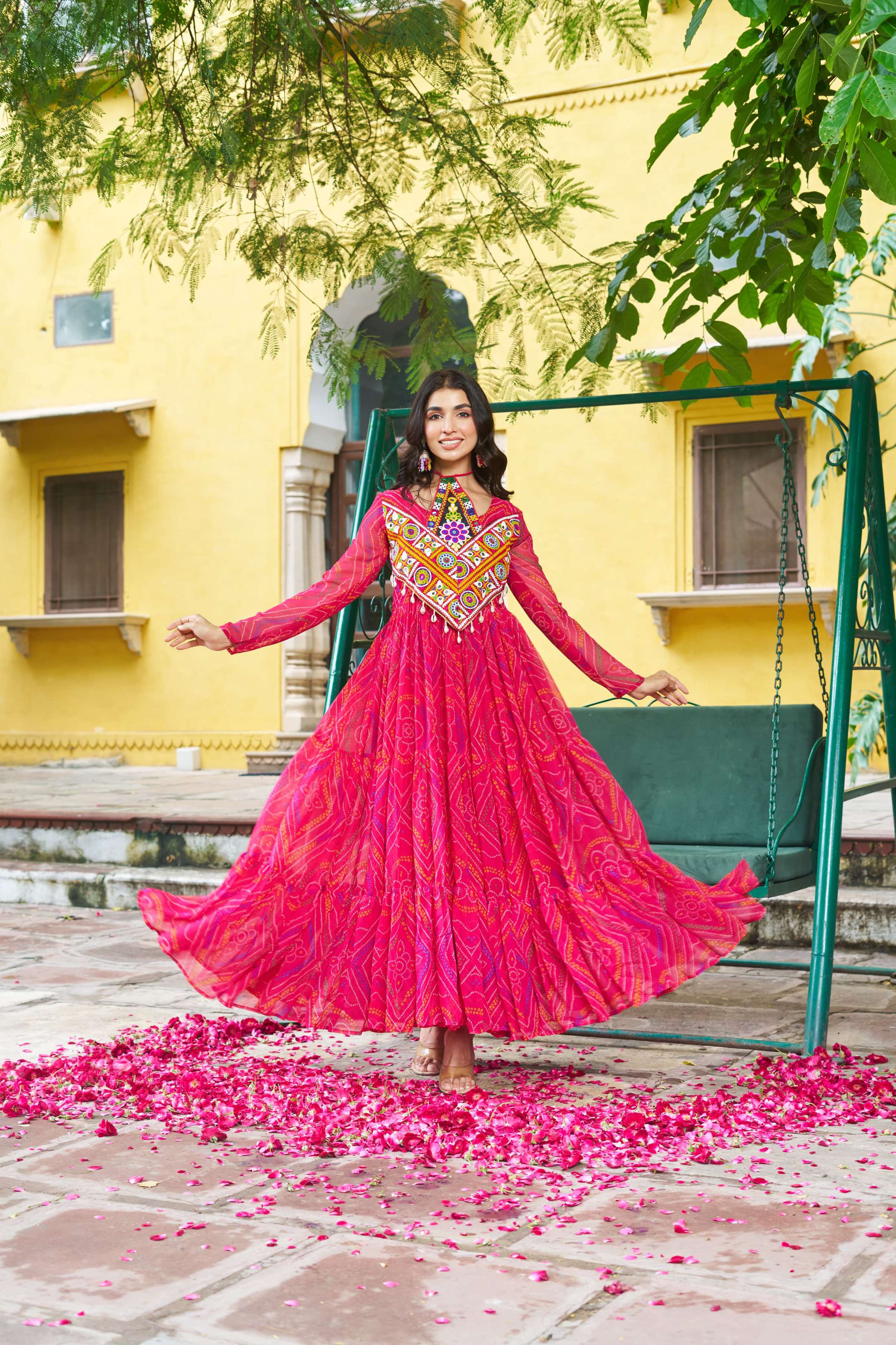 Prazu Fashion Pink Georgette Bandhani Print With Kutchi Patch work Navaratri Kurti | Grocsy