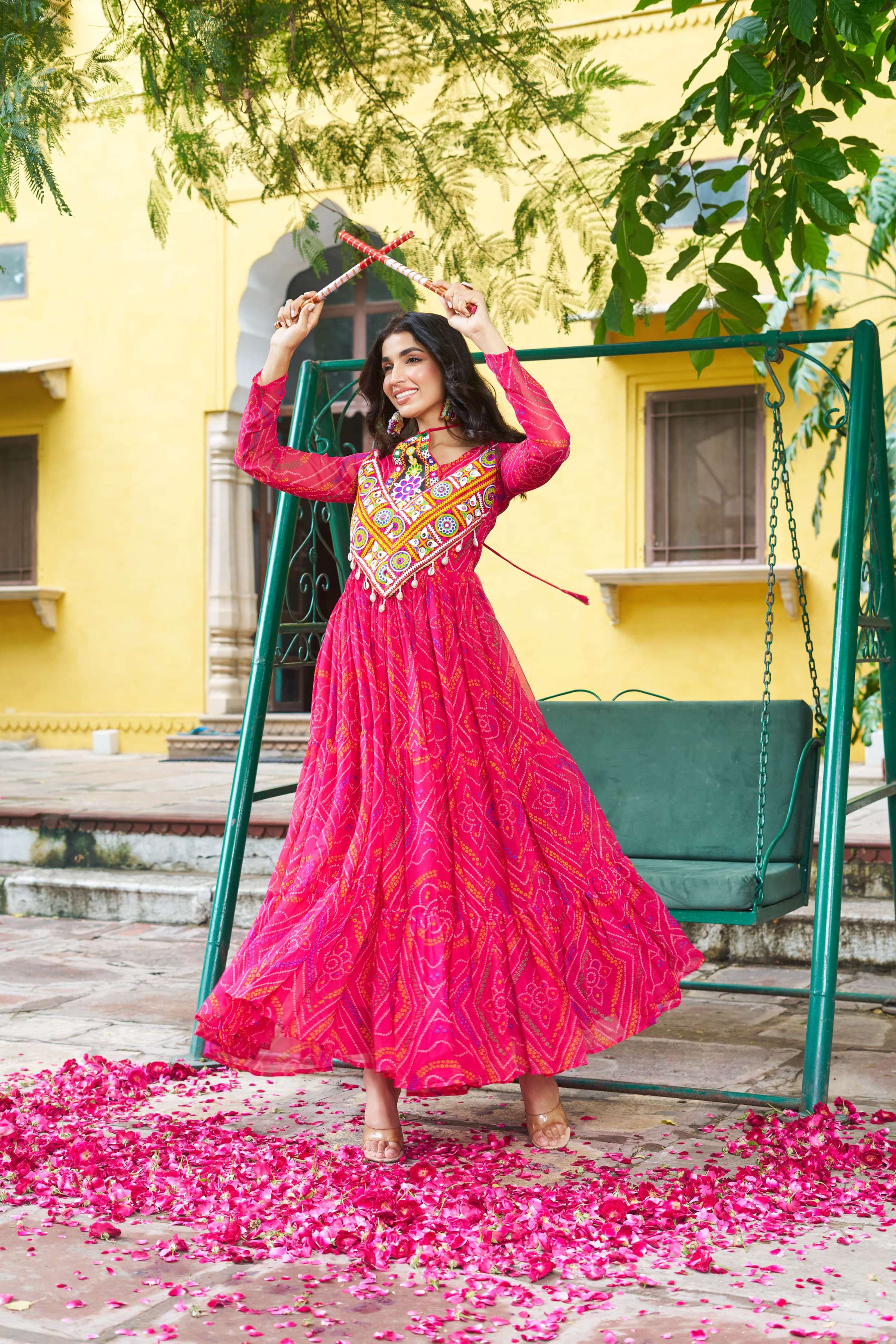 Prazu Fashion Pink Georgette Bandhani Print With Kutchi Patch work Navaratri Kurti | Grocsy