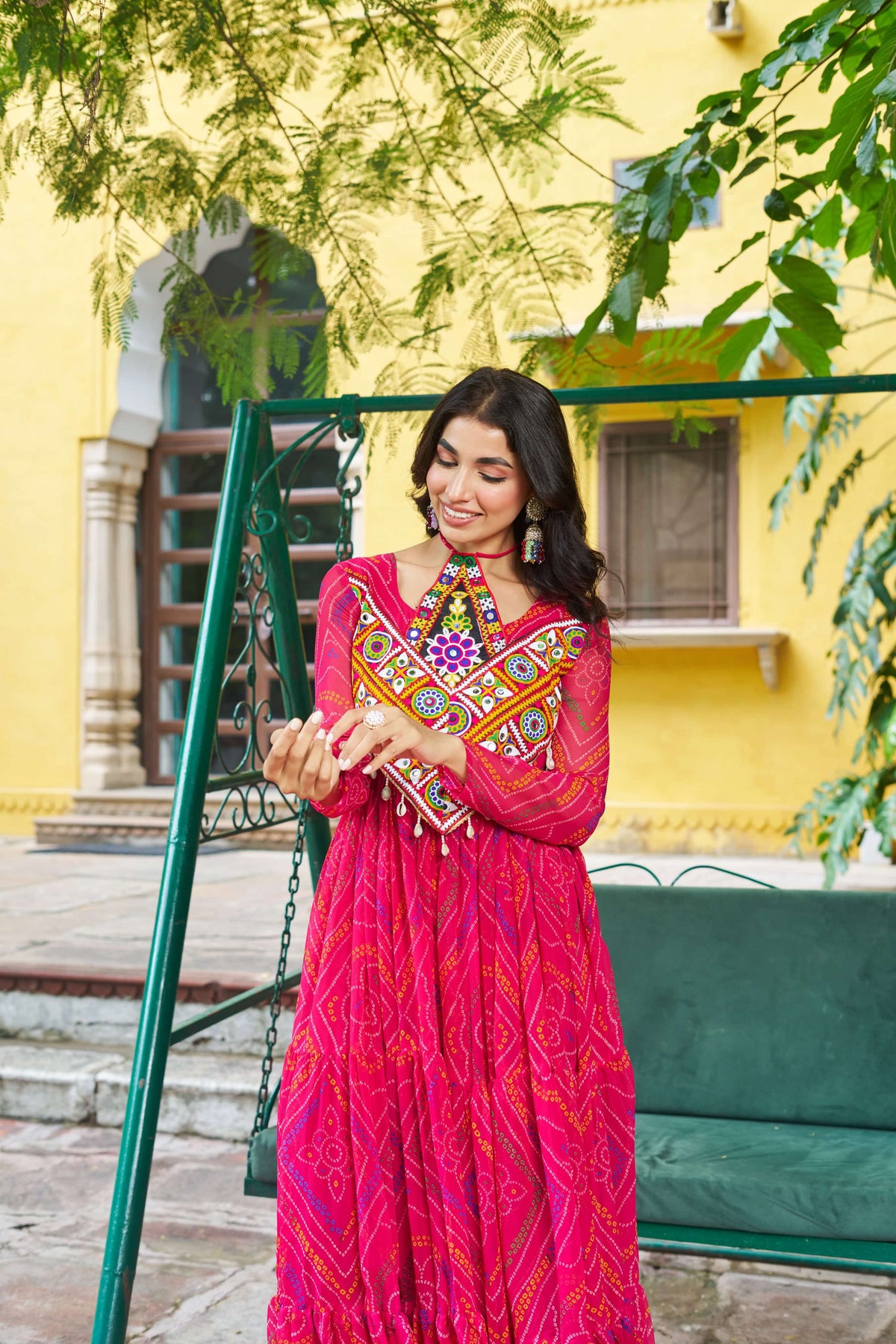 Prazu Fashion Pink Georgette Bandhani Print With Kutchi Patch work Navaratri Kurti | Grocsy