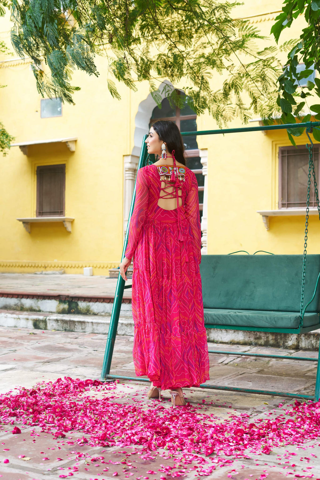 Prazu Fashion Pink Georgette Bandhani Print With Kutchi Patch work Navaratri Kurti | Grocsy