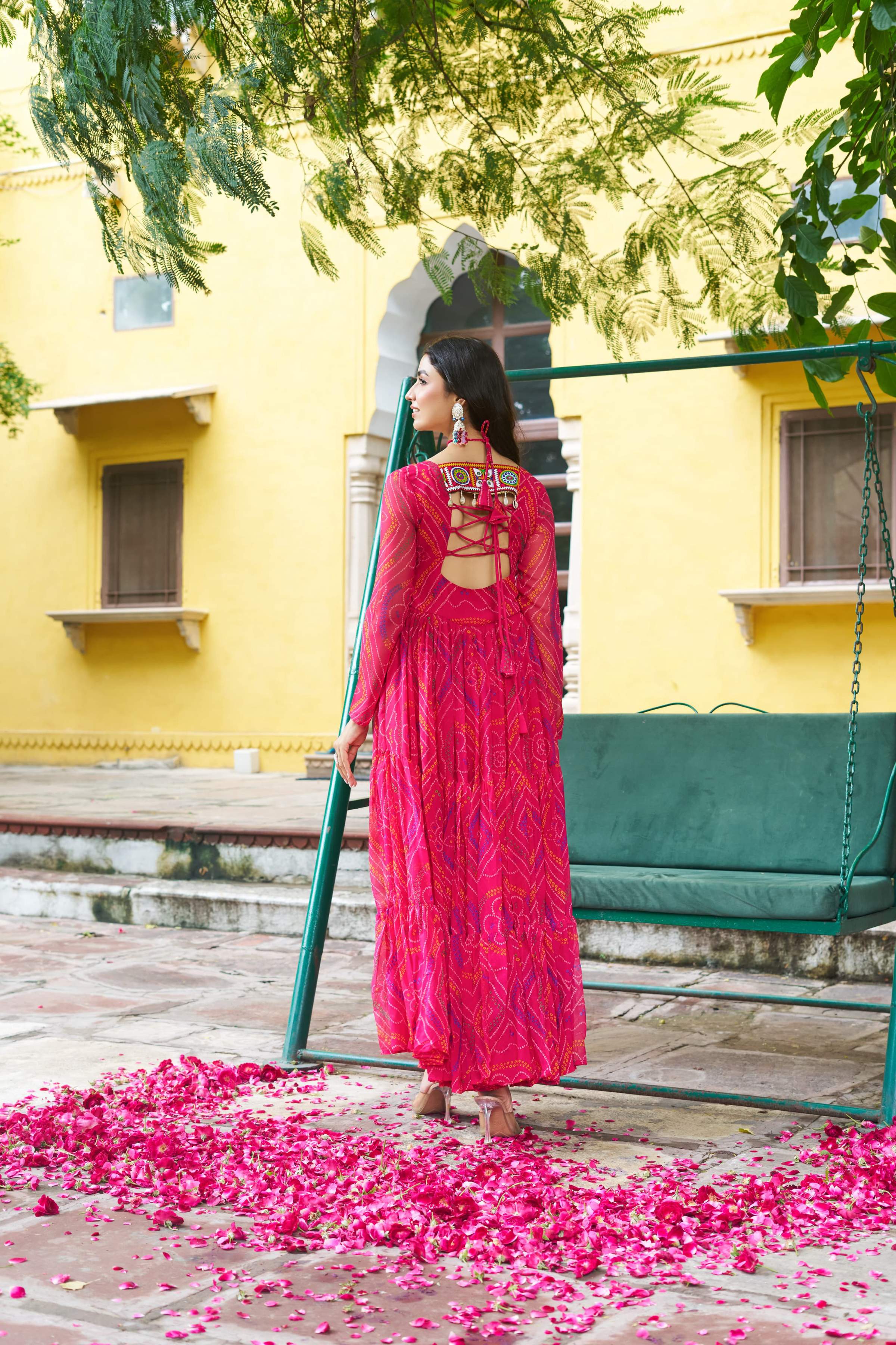 Prazu Fashion Pink Georgette Bandhani Print With Kutchi Patch work Navaratri Kurti | Grocsy