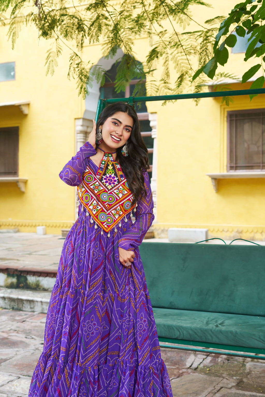 Prazu Fashion Violet Georgette Bandhani Print With Kutchi Patch work Navaratri Kurti | Grocsy