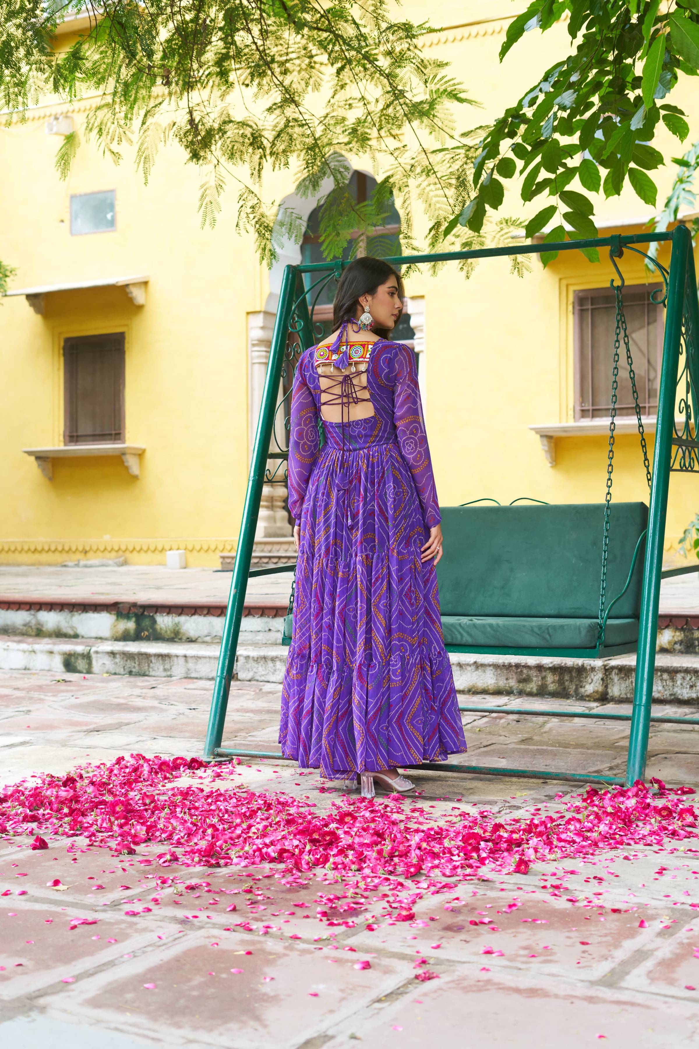 Prazu Fashion Violet Georgette Bandhani Print With Kutchi Patch work Navaratri Kurti | Grocsy