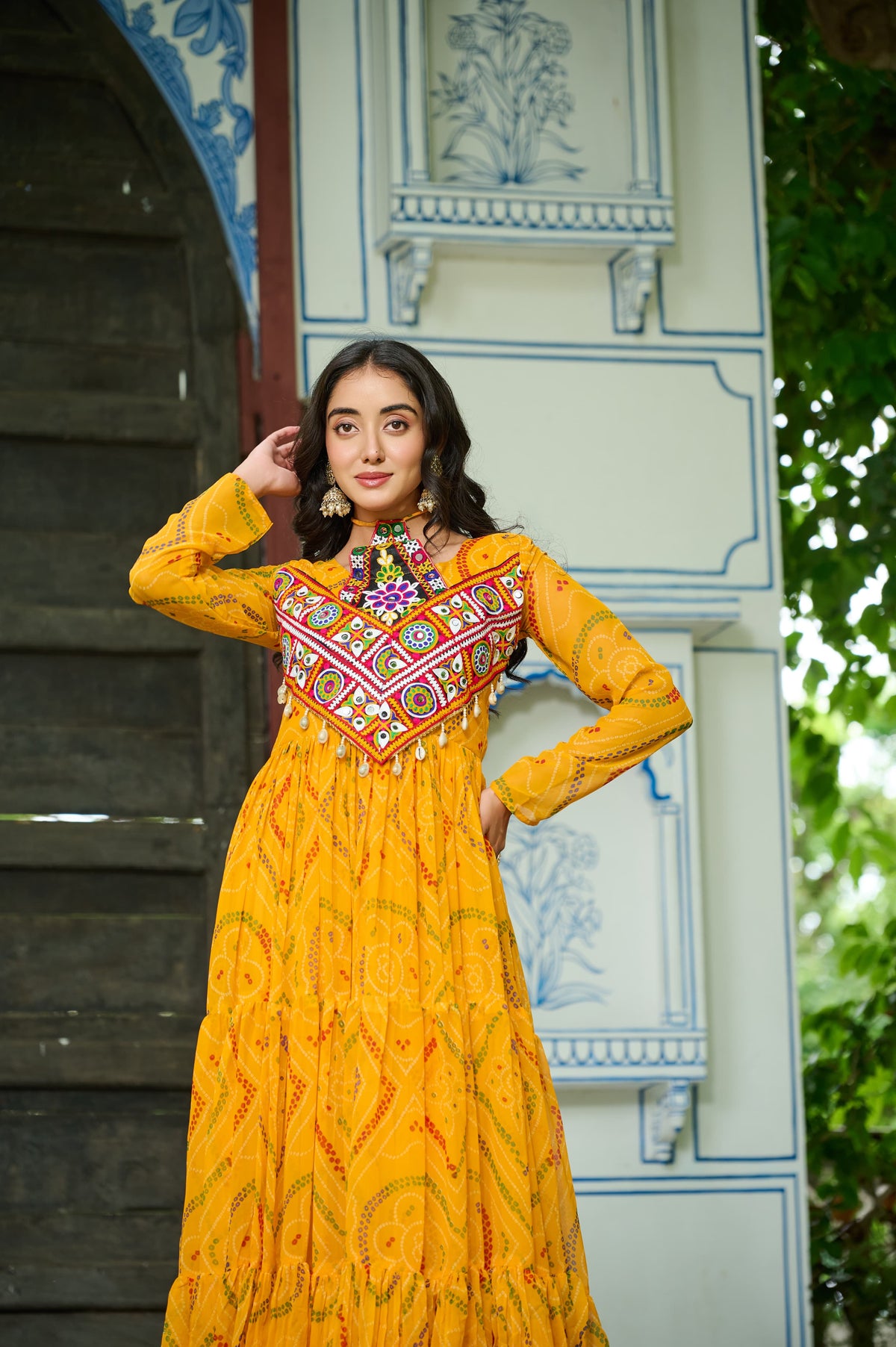 Prazu Fashion Yellow Georgette Bandhani Print With Kutchi Patch work Navaratri Kurti | Grocsy