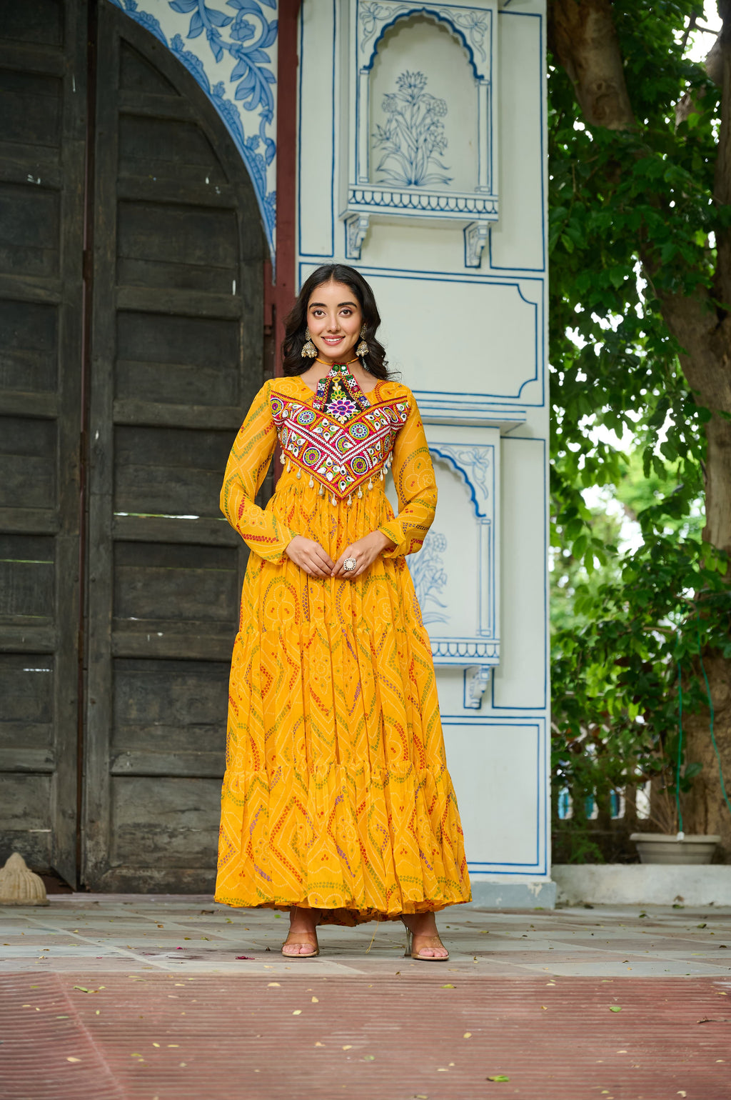 Prazu Fashion Yellow Georgette Bandhani Print With Kutchi Patch work Navaratri Kurti | Grocsy