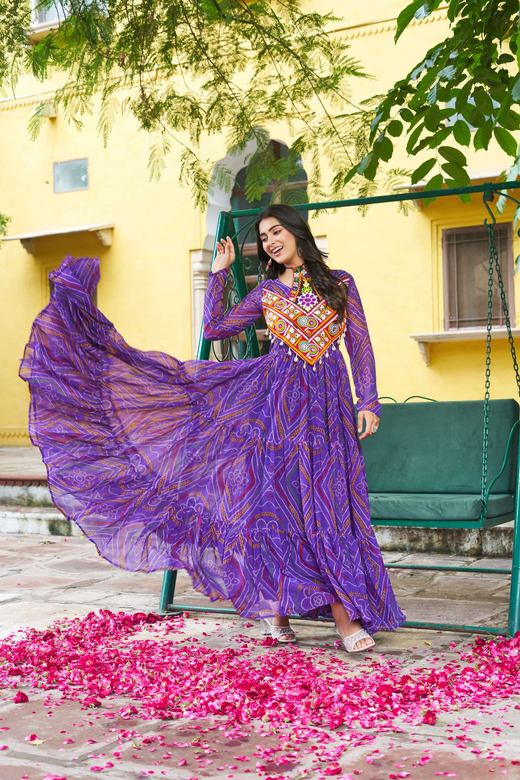 Prazu Fashion Purple Georgette Bandhani Print With Kutchi Patchwork Navratri Gown | Grocsy