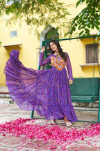 Prazu Fashion Purple Georgette Bandhani Print With Kutchi Patchwork Navratri Gown | Grocsy
