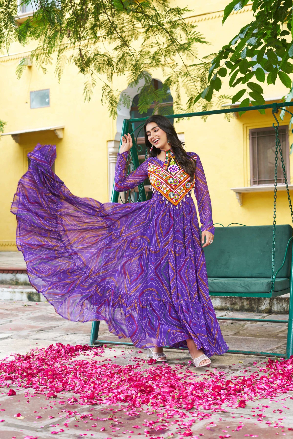Prazu Fashion Purple Georgette Bandhani Print With Kutchi Patchwork Navratri Gown | Grocsy