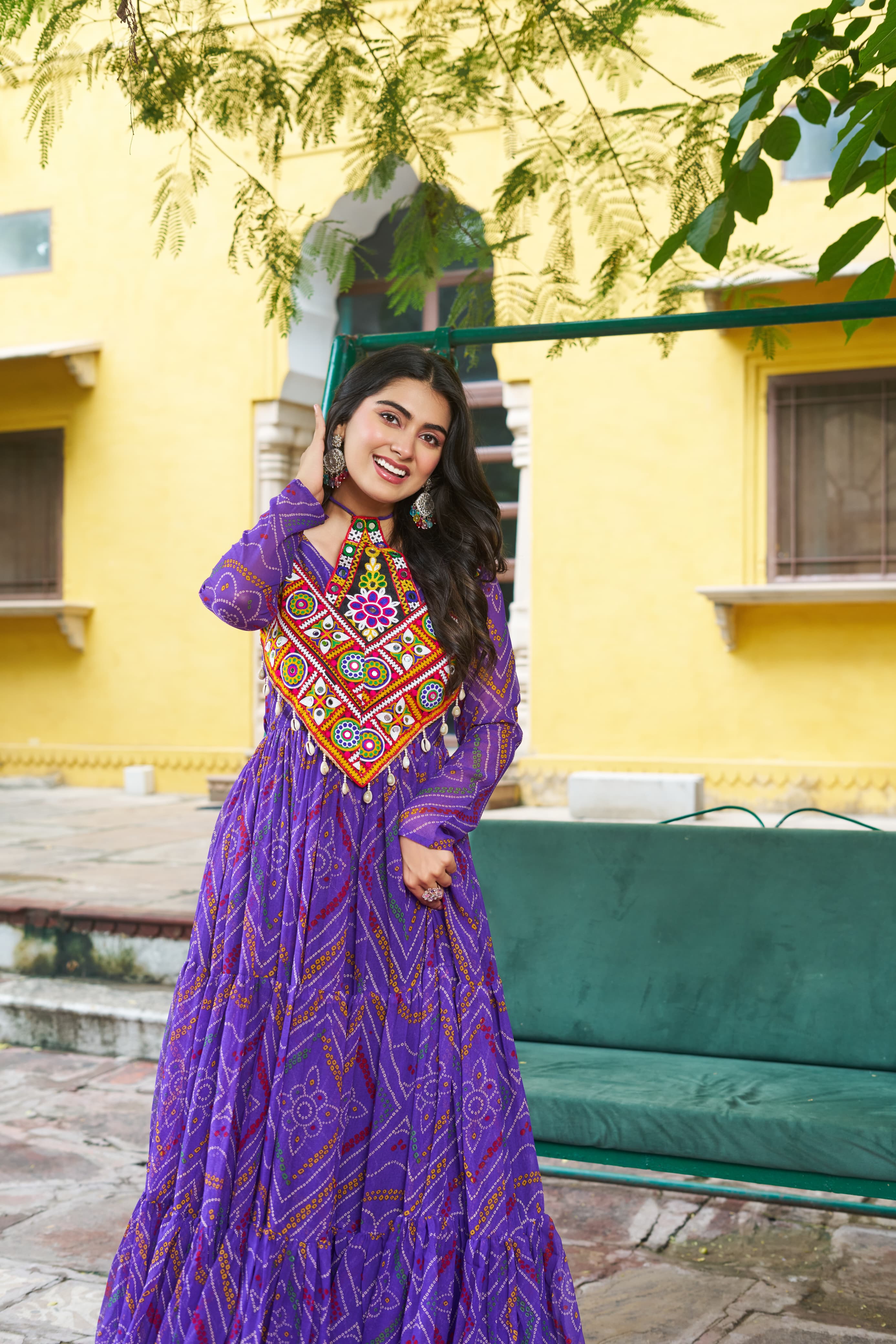Prazu Fashion Purple Georgette Bandhani Print With Kutchi Patchwork Navratri Gown | Grocsy