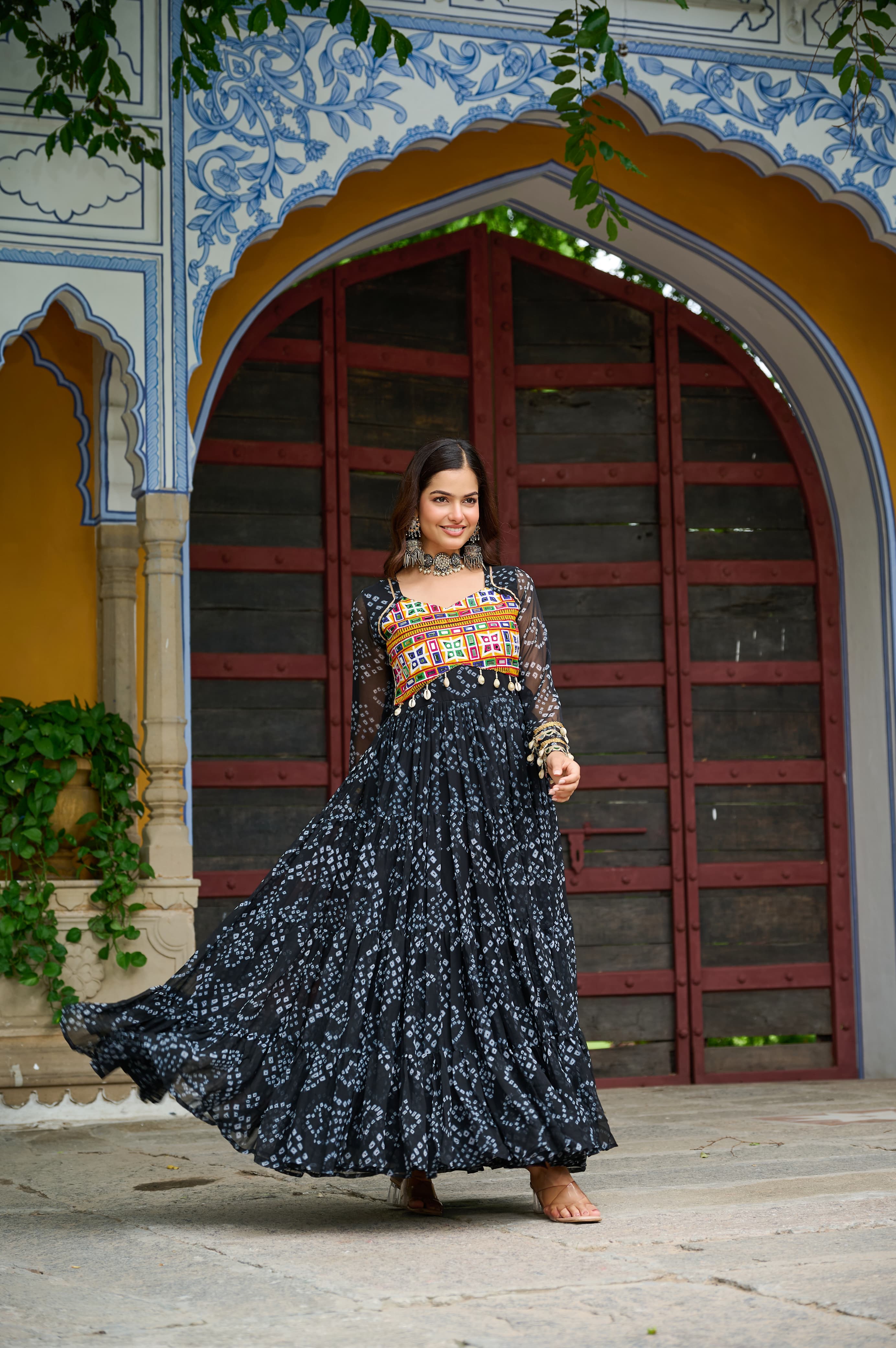 Prazu Fashion Black Georgette Bandhani Print With Kutchi Patch work Navaratri Gown | Grocsy