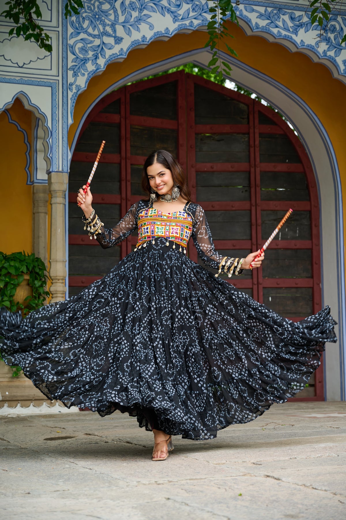 Prazu Fashion Black Georgette Bandhani Print With Kutchi Patch work Navaratri Gown | Grocsy