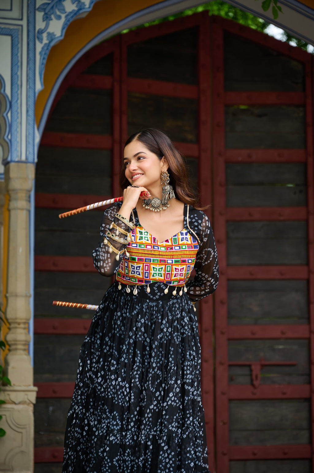 Prazu Fashion Black Georgette Bandhani Print With Kutchi Patch work Navaratri Gown | Grocsy