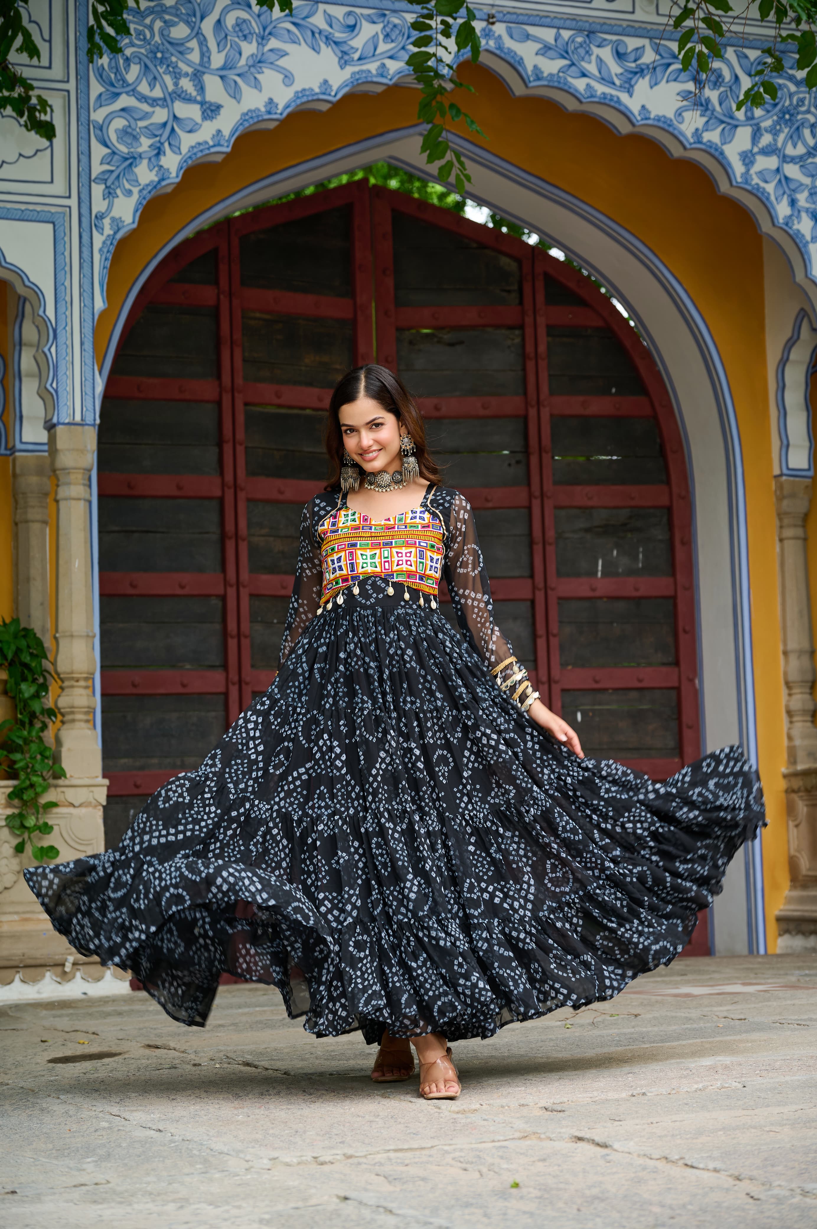 Prazu Fashion Black Georgette Bandhani Print With Kutchi Patch work Navaratri Gown | Grocsy