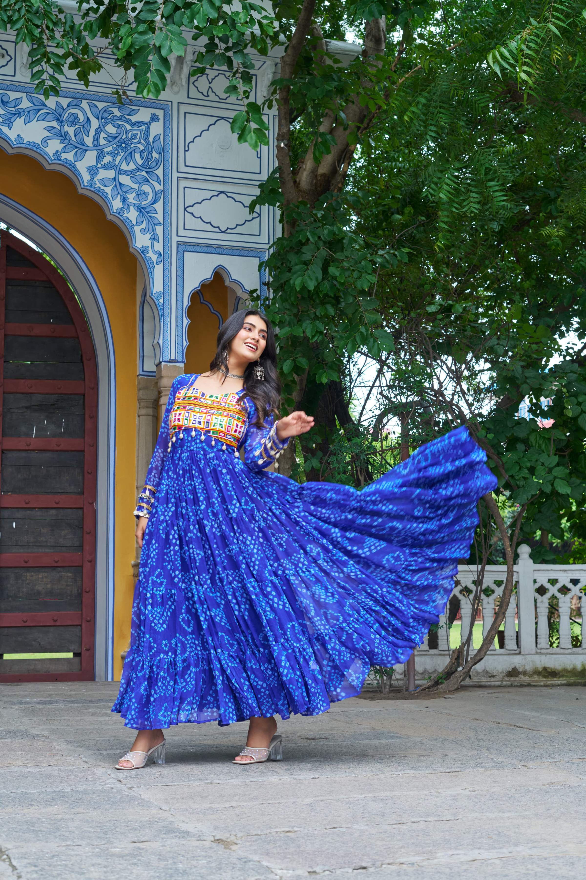 Prazu Fashion Blue Georgette Bandhani Print With Kutchi Patch work Navaratri Gown | Grocsy