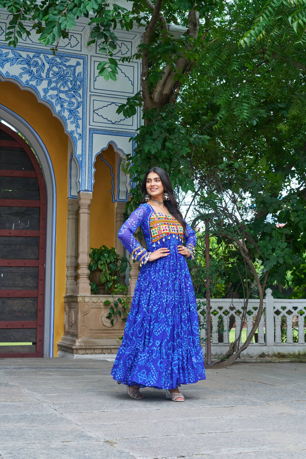 Prazu Fashion Blue Georgette Bandhani Print With Kutchi Patch work Navaratri Gown | Grocsy