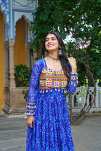 Prazu Fashion Blue Georgette Bandhani Print With Kutchi Patch work Navaratri Gown | Grocsy