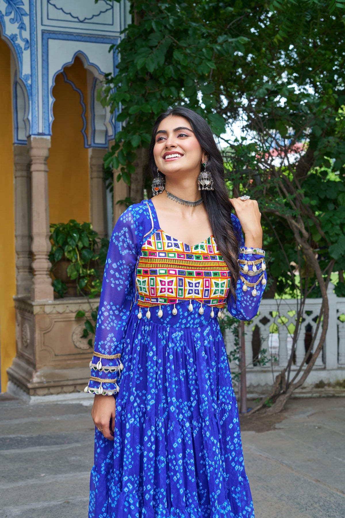 Prazu Fashion Blue Georgette Bandhani Print With Kutchi Patch work Navaratri Gown | Grocsy